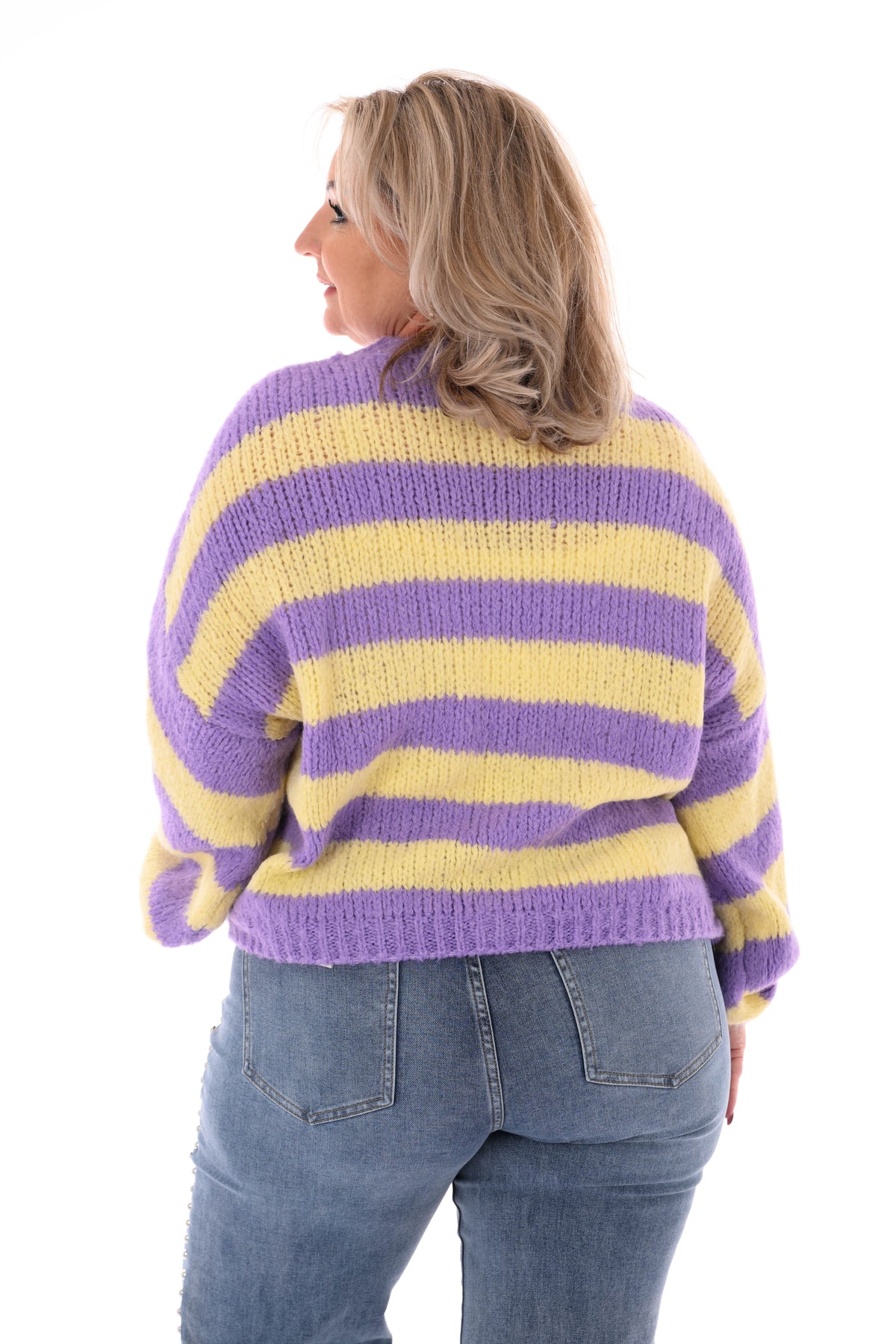 Grof gebreide trui brede streep paars