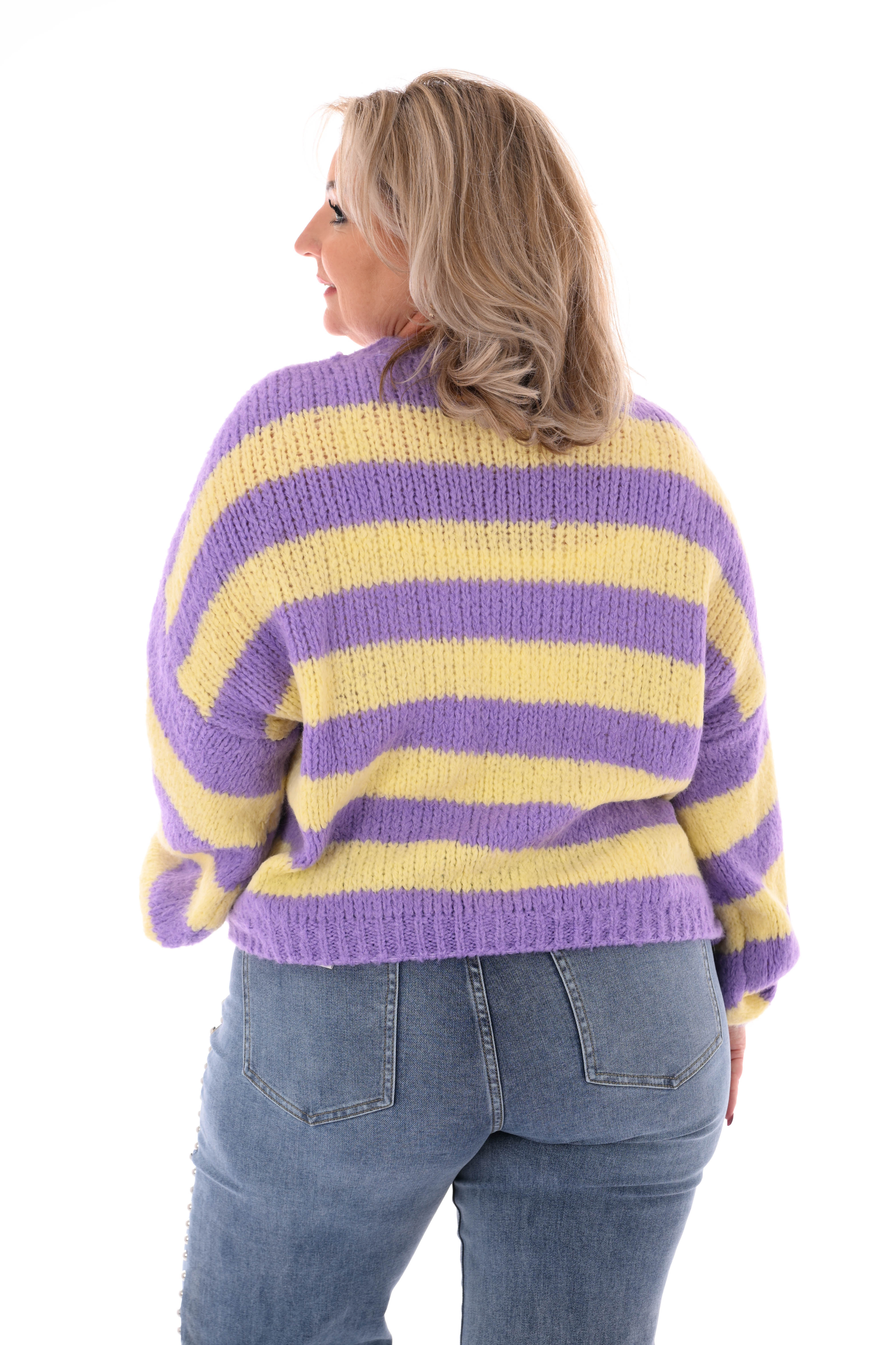 Grof gebreide trui brede streep paars