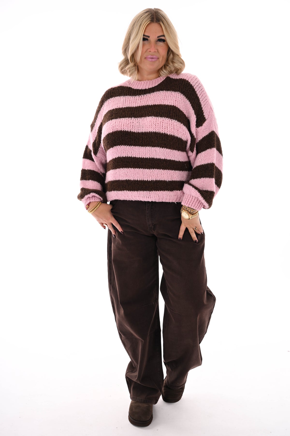 Grof gebreide trui brede streep lichtroze