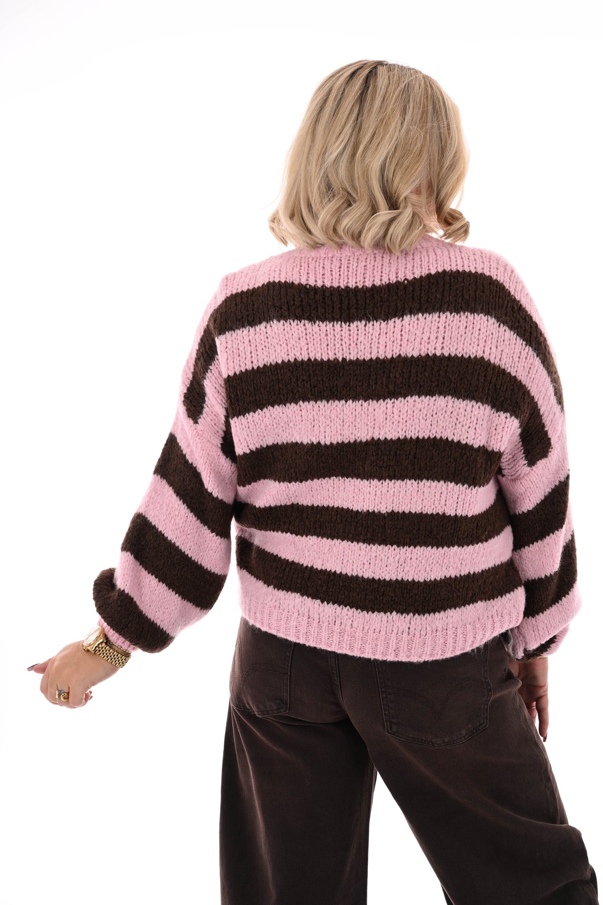 Grof gebreide trui brede streep lichtroze