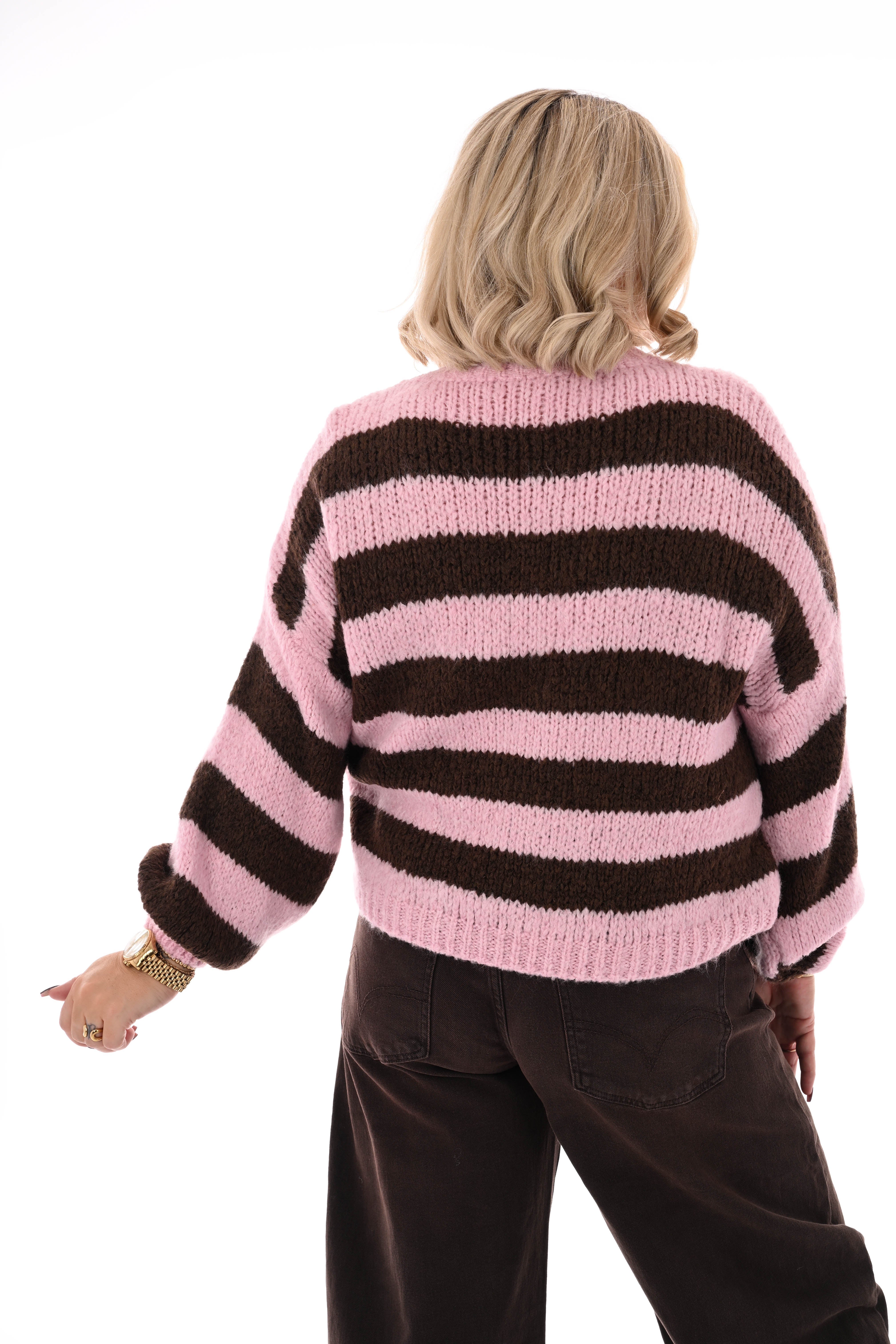Grof gebreide trui brede streep lichtroze