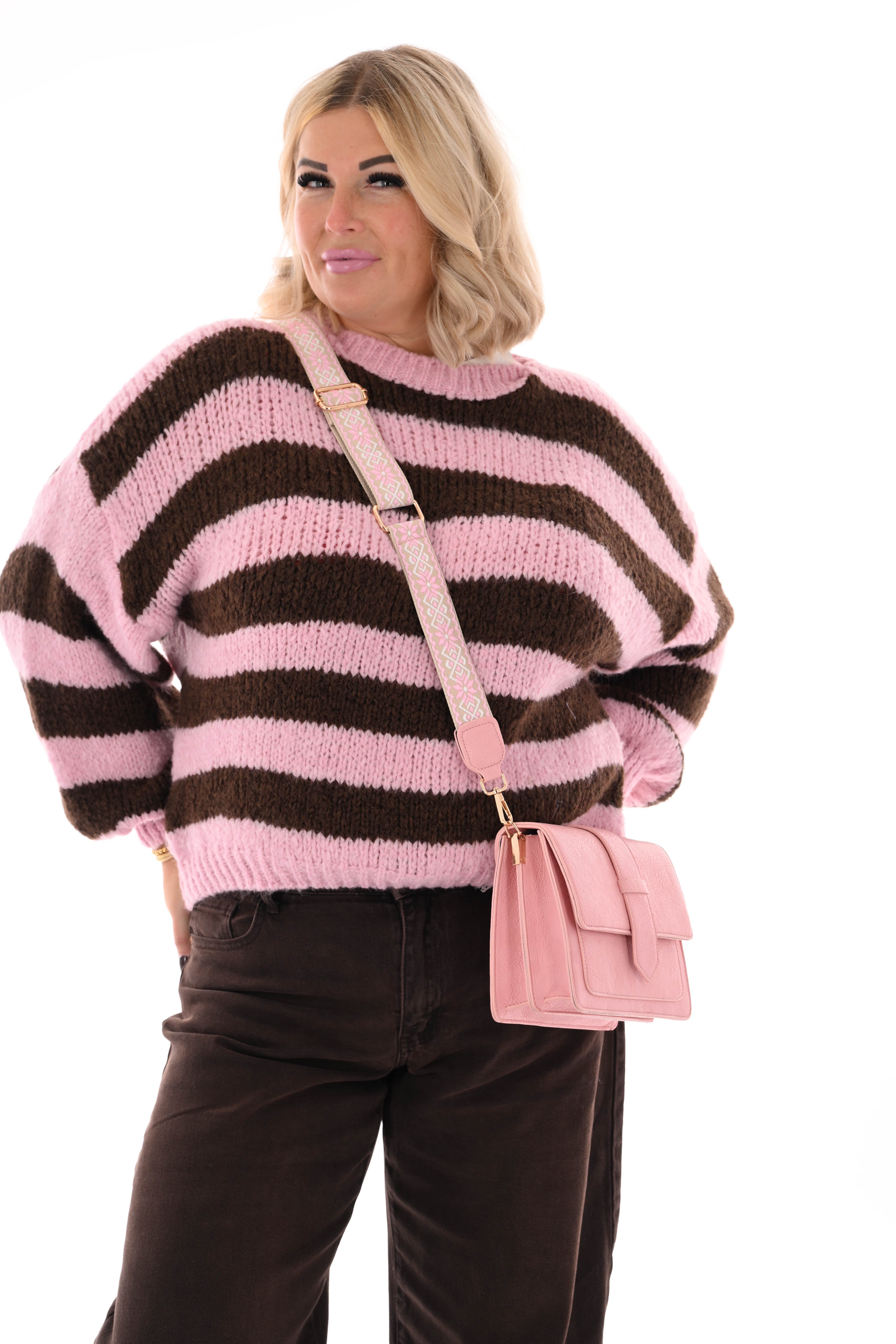 Grof gebreide trui brede streep lichtroze