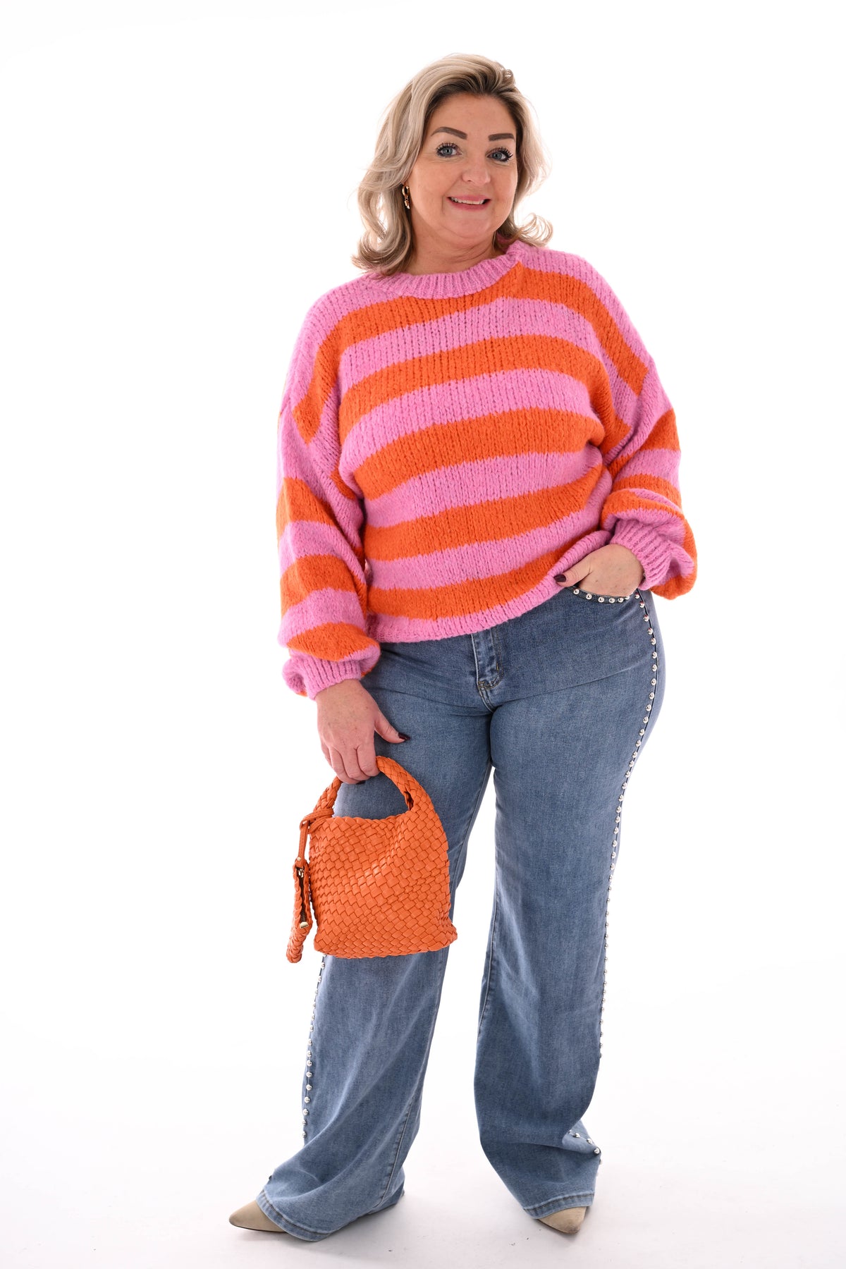 Grof gebreide trui brede streep roze