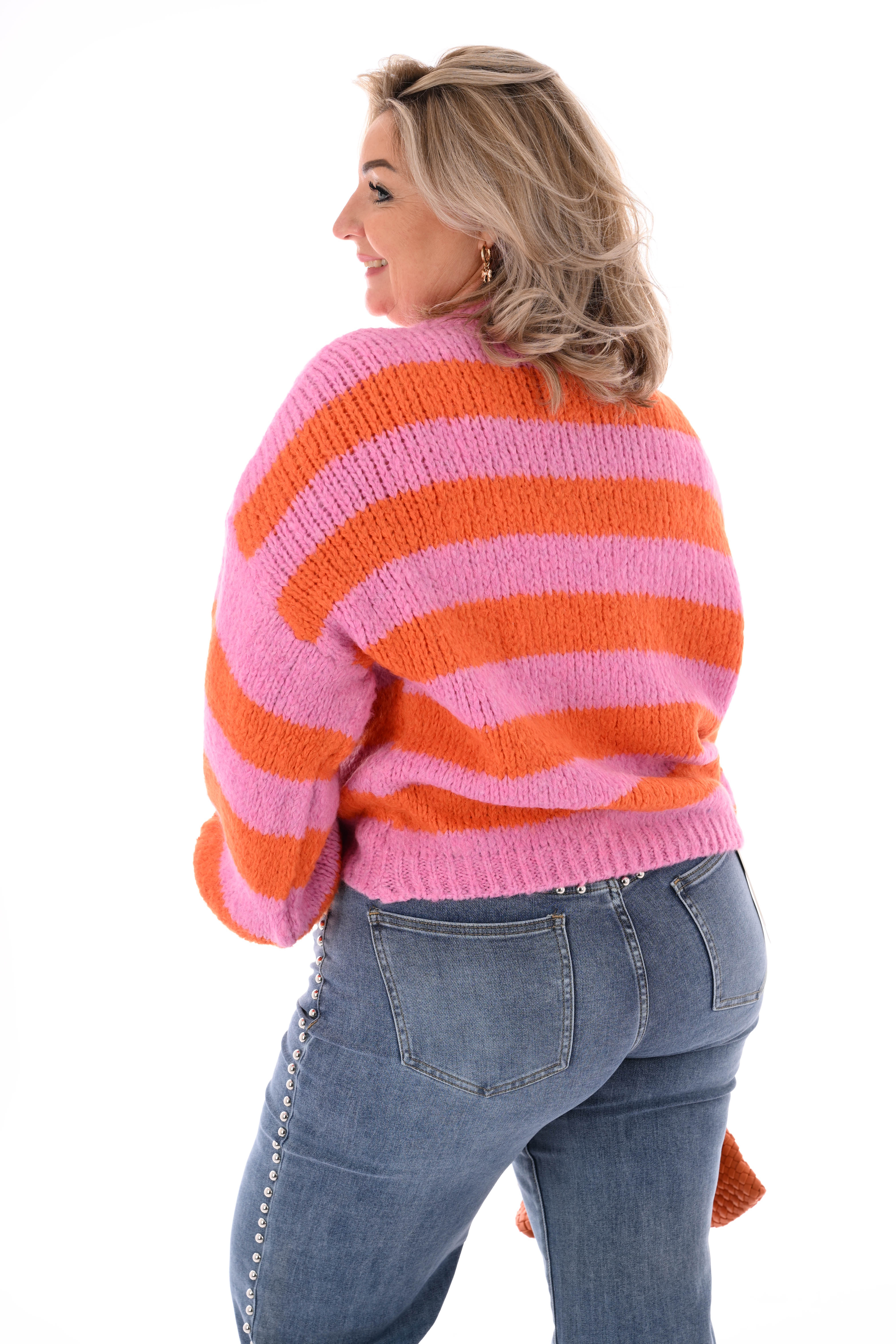 Grof gebreide trui brede streep roze