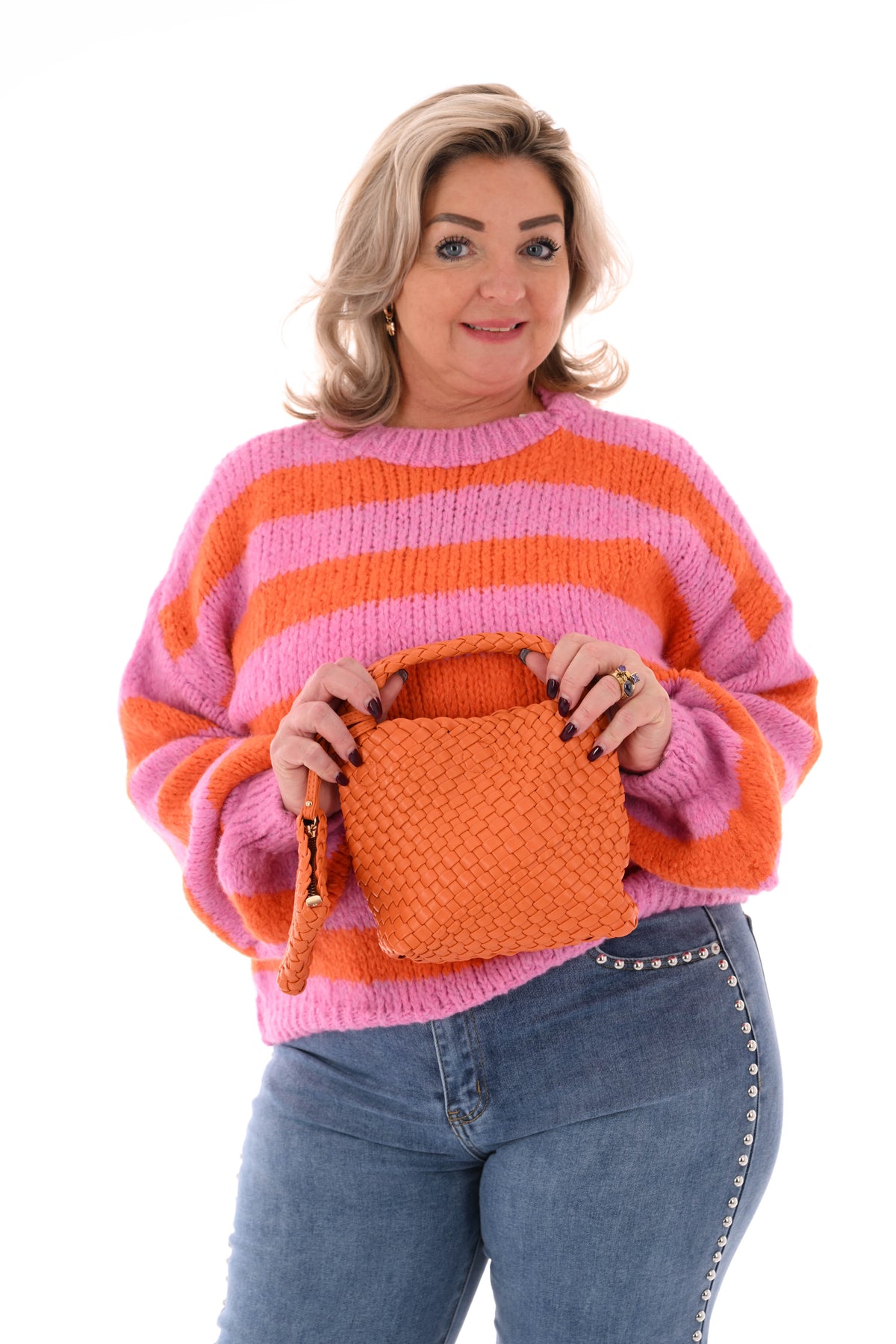 Grof gebreide trui brede streep roze