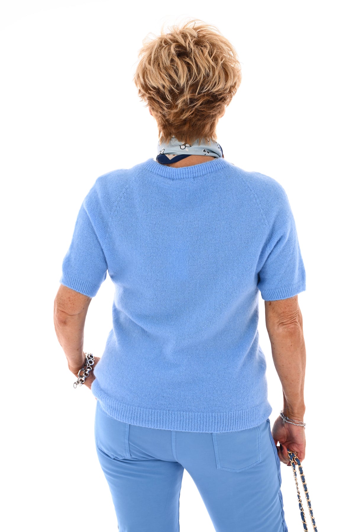 Fijn gebreide trui korte mouwen uni hemelblauw
