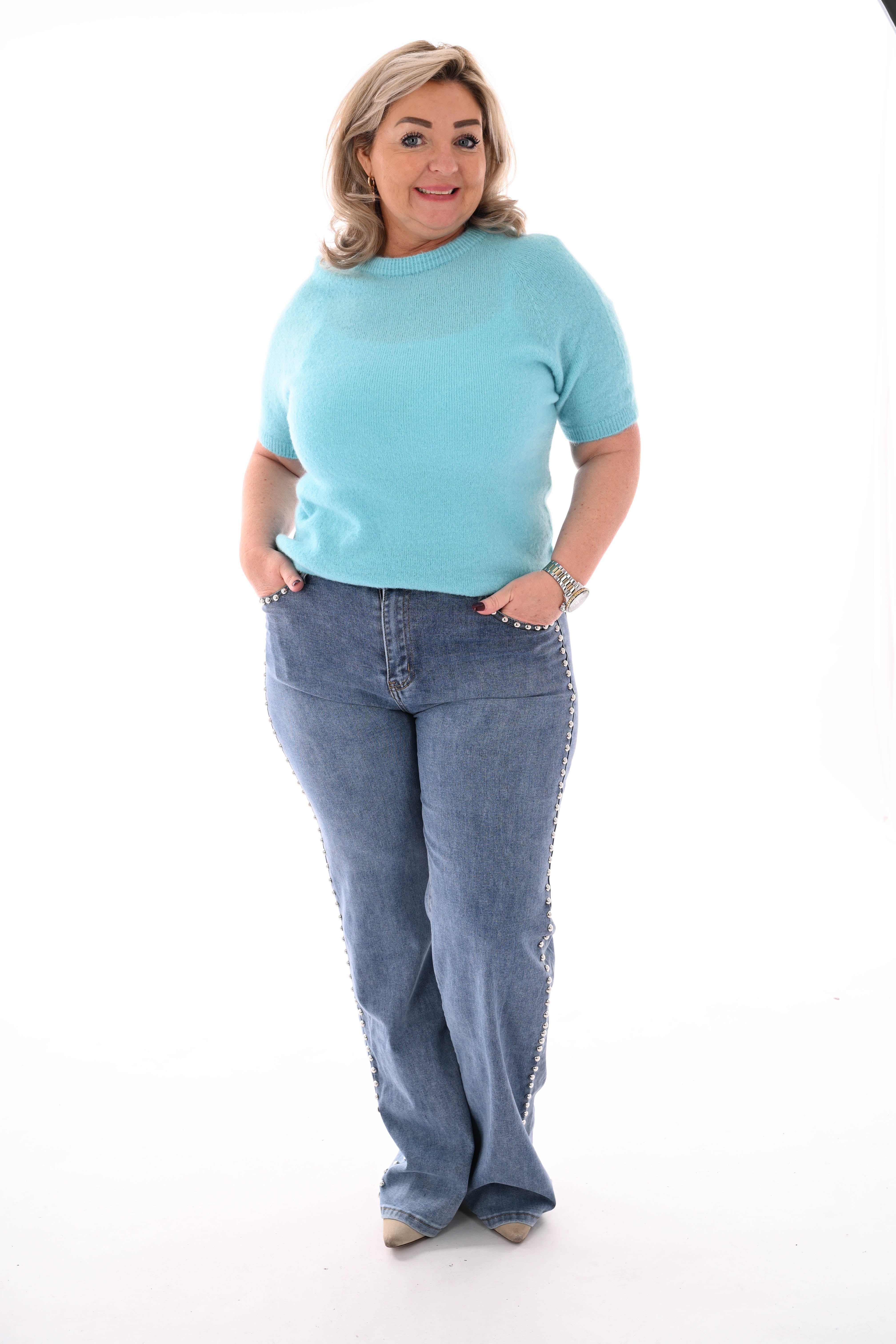 Fijn gebreide trui korte mouwen uni aquablauw