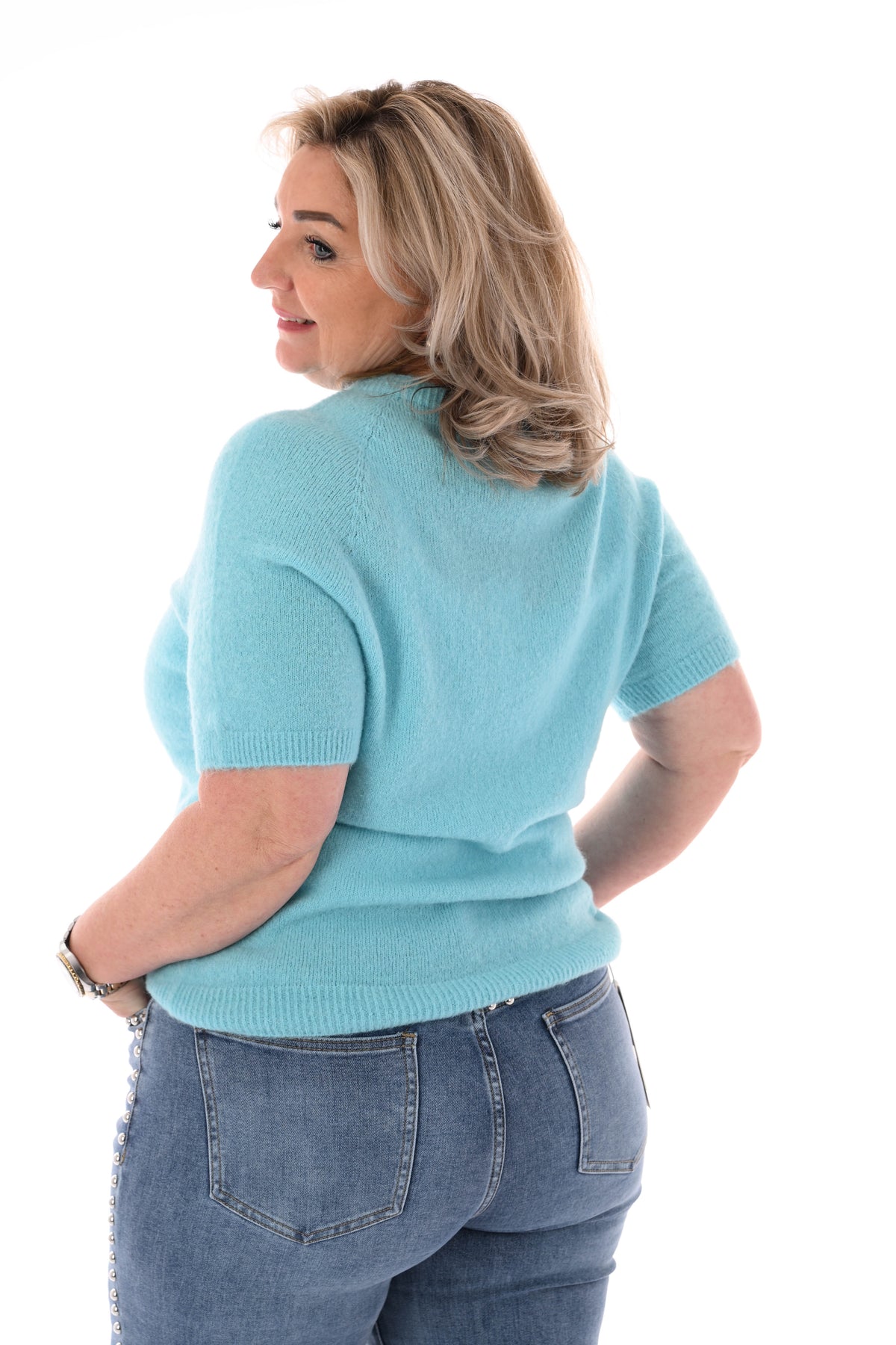 Fijn gebreide trui korte mouwen uni aquablauw