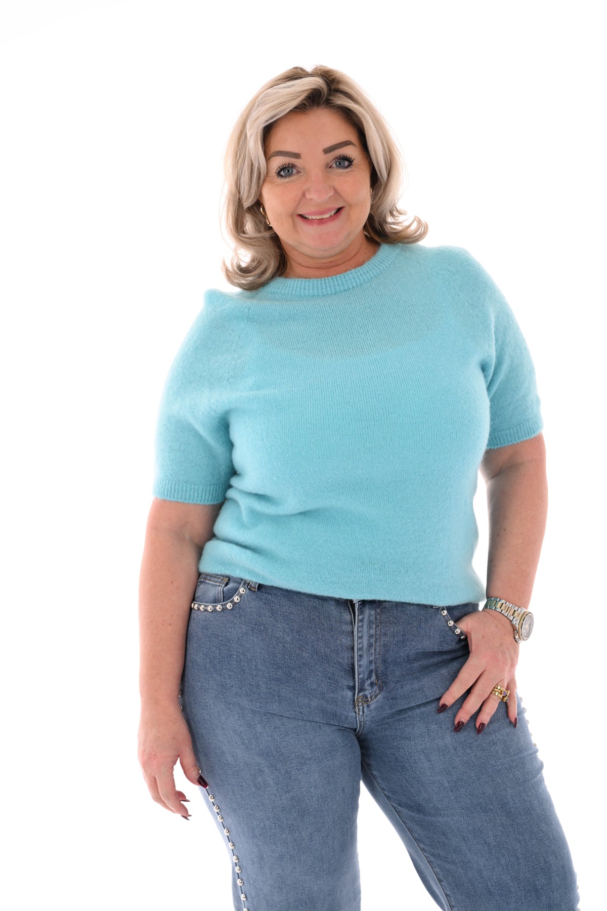 Fijn gebreide trui korte mouwen uni aquablauw