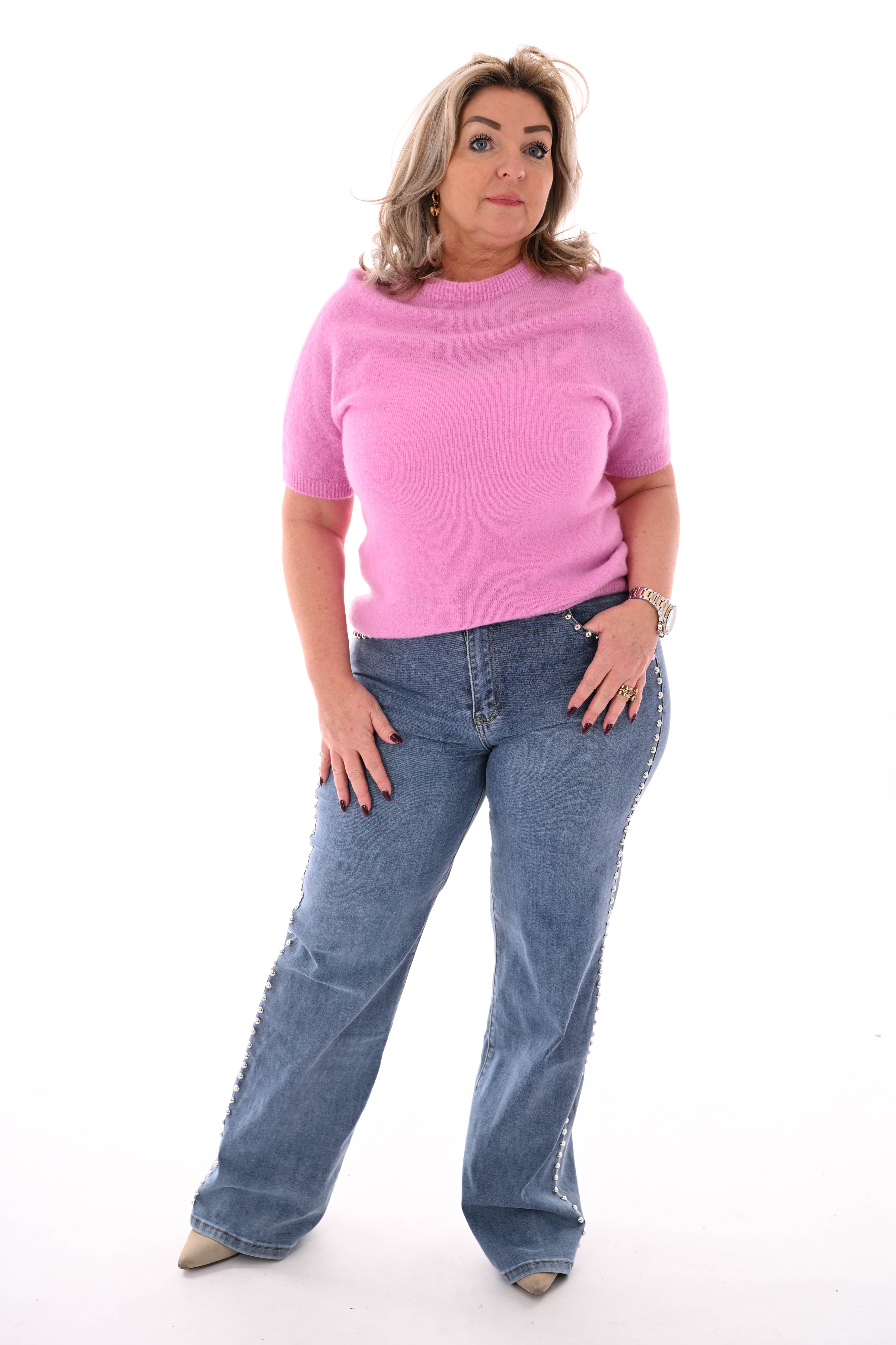 Fijn gebreide trui korte mouwen uni roze