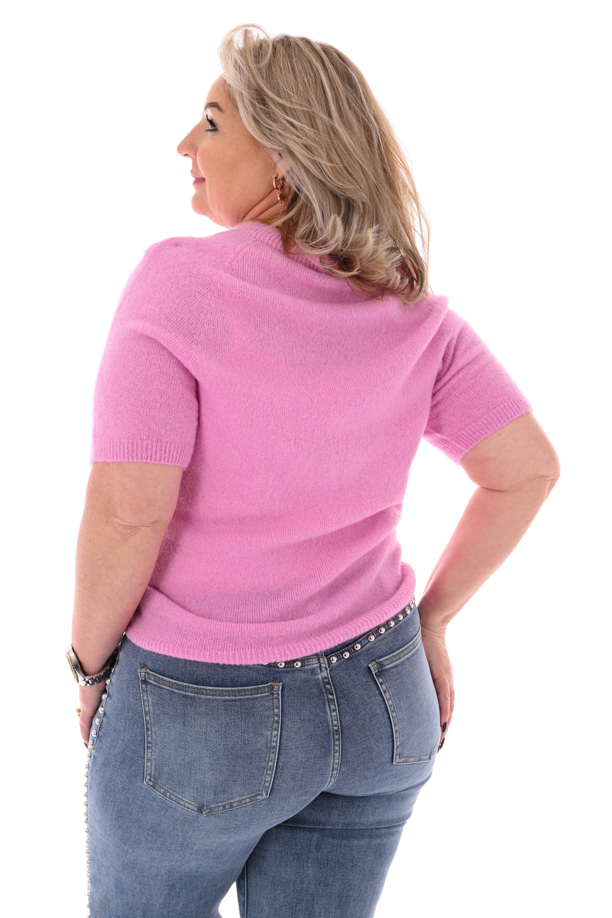 Fijn gebreide trui korte mouwen uni roze