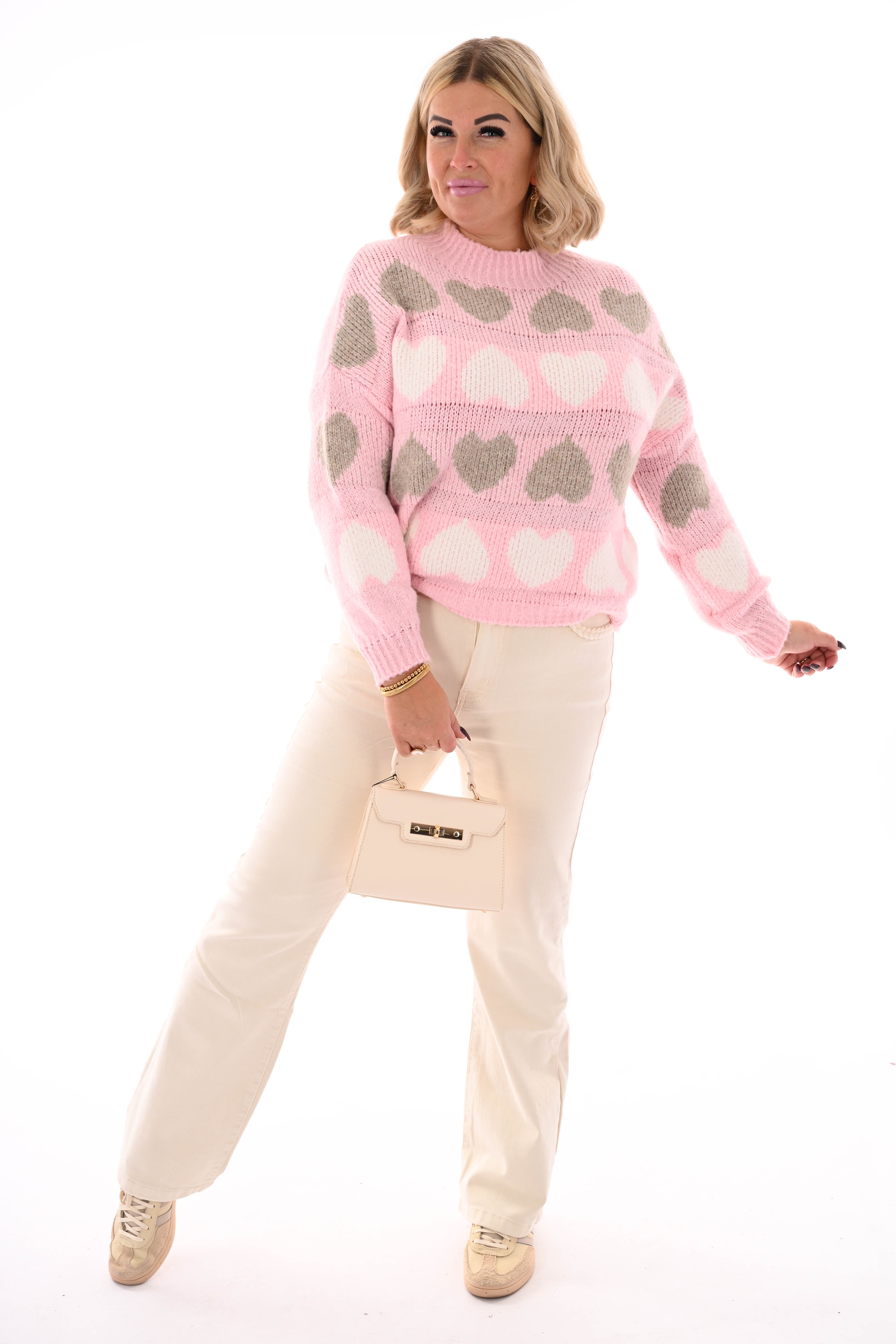 Gebreide trui ronde hals hartjes lichtroze