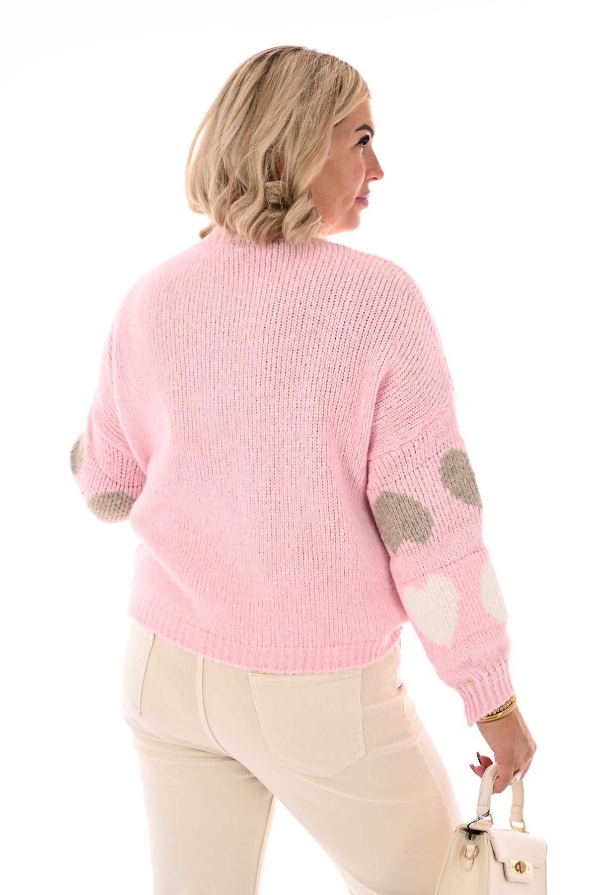 Gebreide trui ronde hals hartjes lichtroze