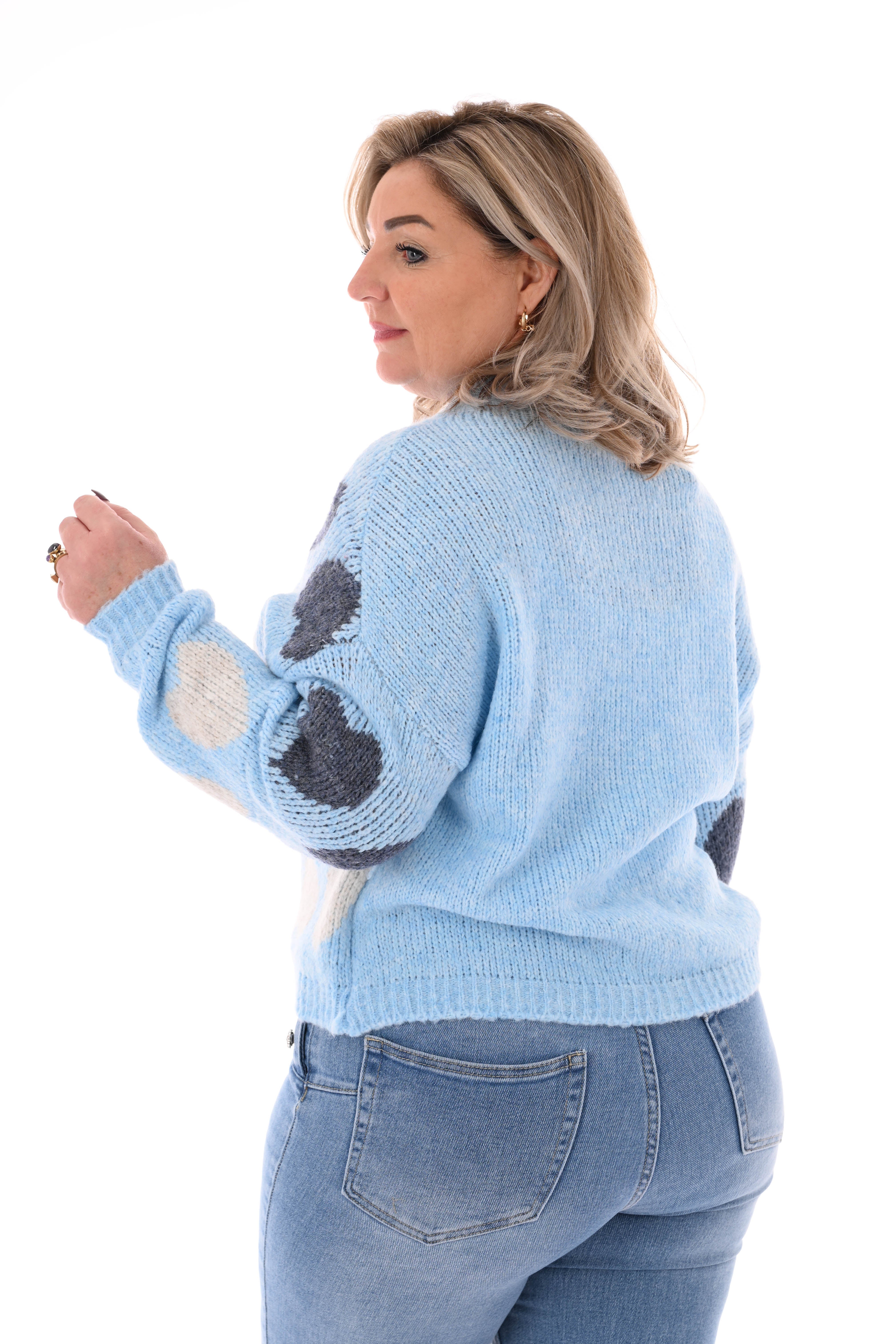 Gebreide trui ronde hals hartjes lichtblauw
