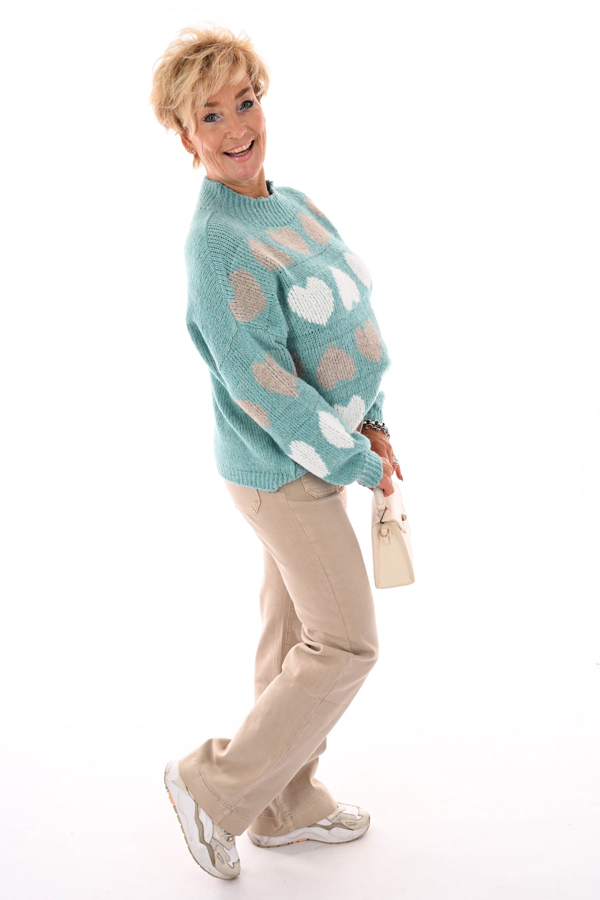 Gebreide trui ronde hals hartjes turquoise