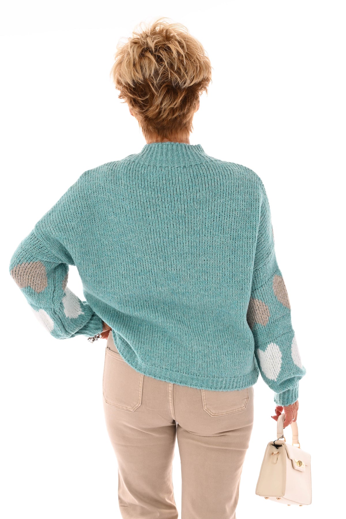 Gebreide trui ronde hals hartjes turquoise