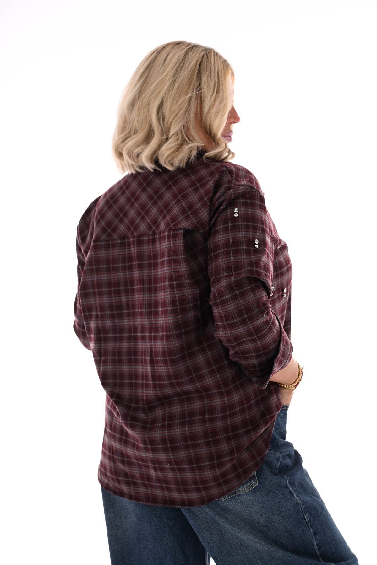 Doorknoop ruitpatroon blouse bling bordeaux