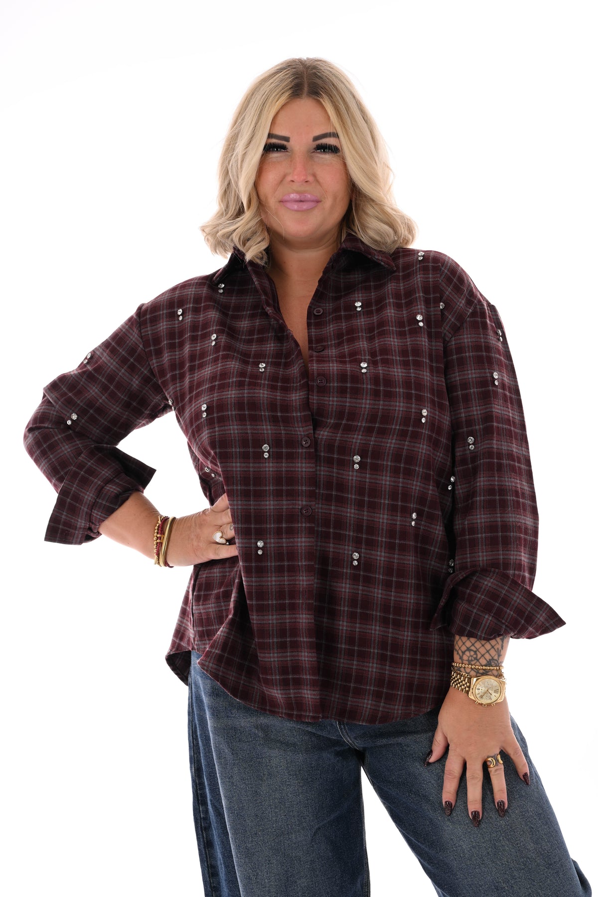 Doorknoop ruitpatroon blouse bling bordeaux