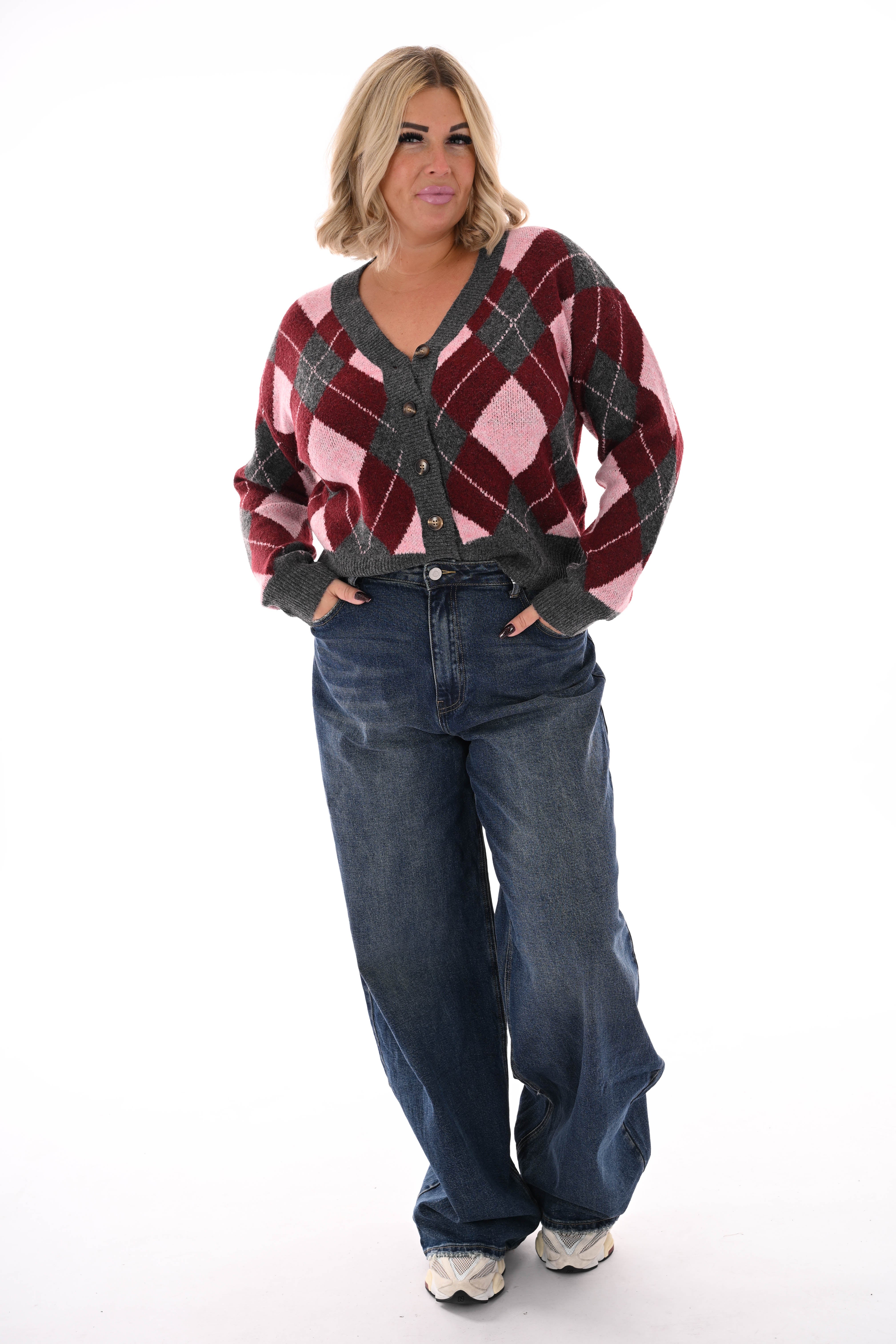 Vest ruitpatroon v-hals bordeaux