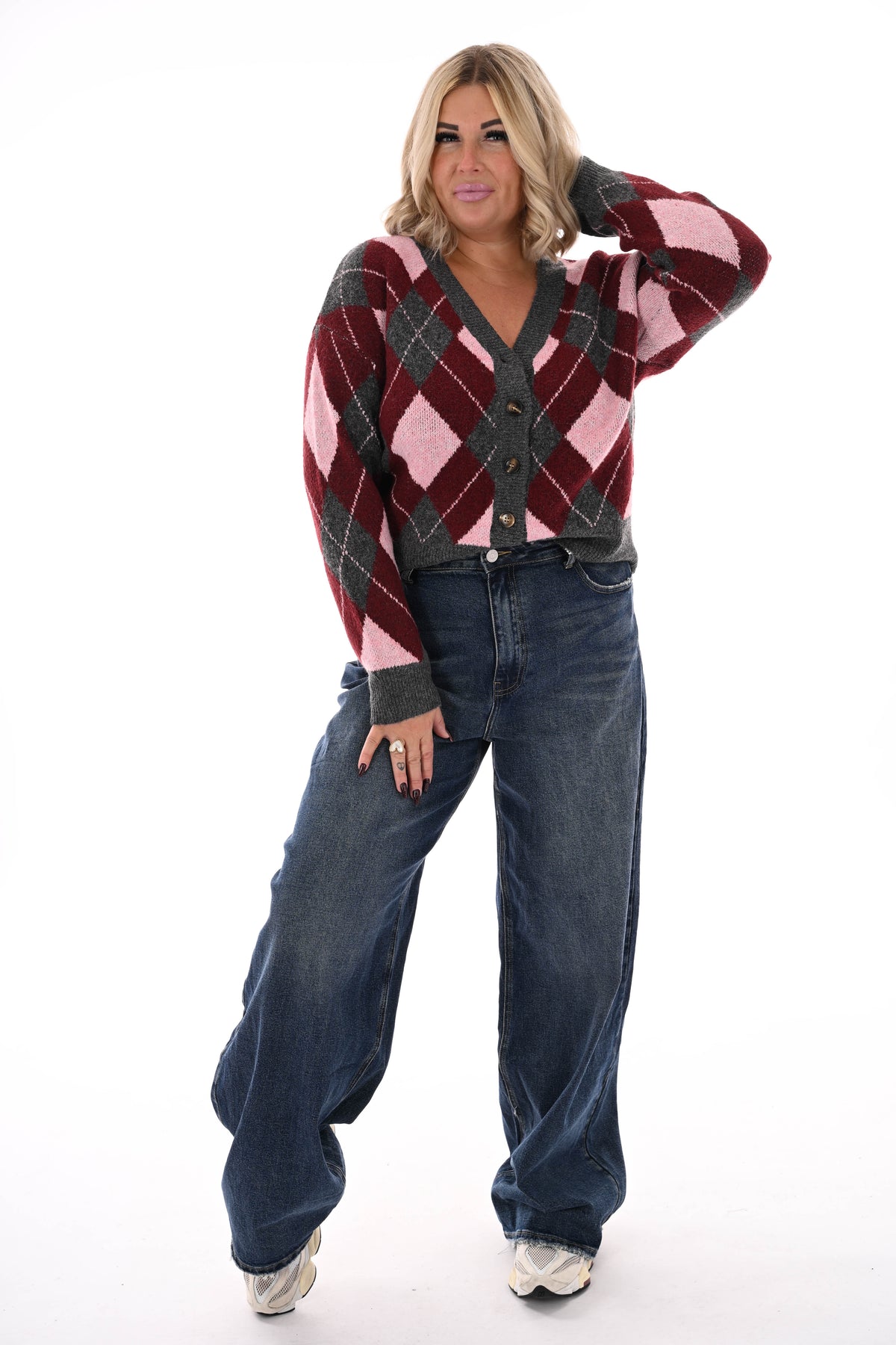 Vest ruitpatroon v-hals bordeaux