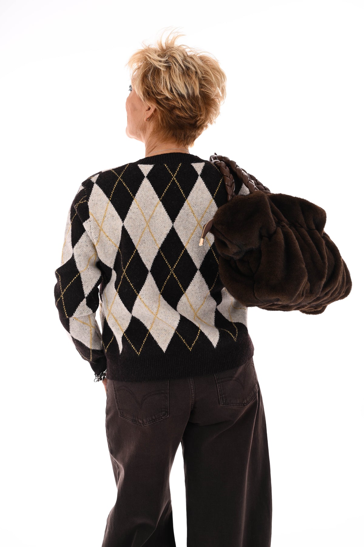 Vest ruitpatroon ronde hals donkerbruin