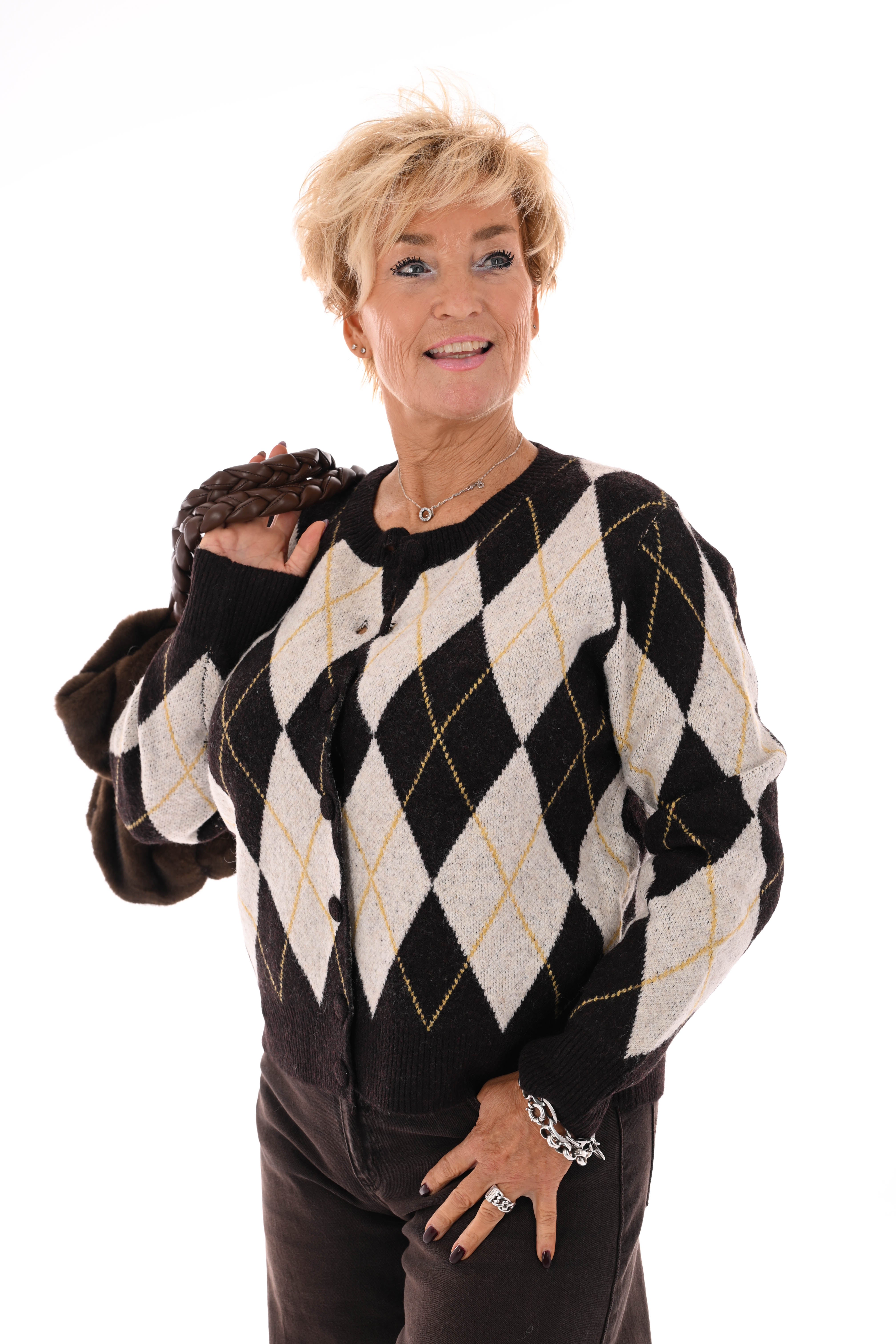 Vest ruitpatroon ronde hals donkerbruin