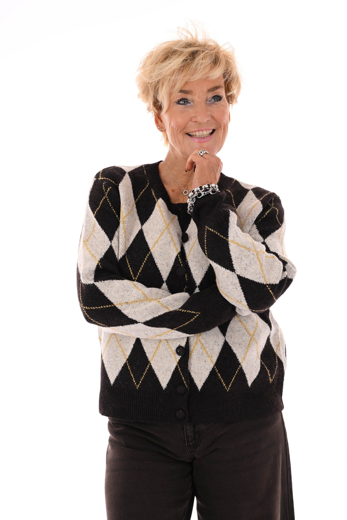 Vest ruitpatroon ronde hals donkerbruin