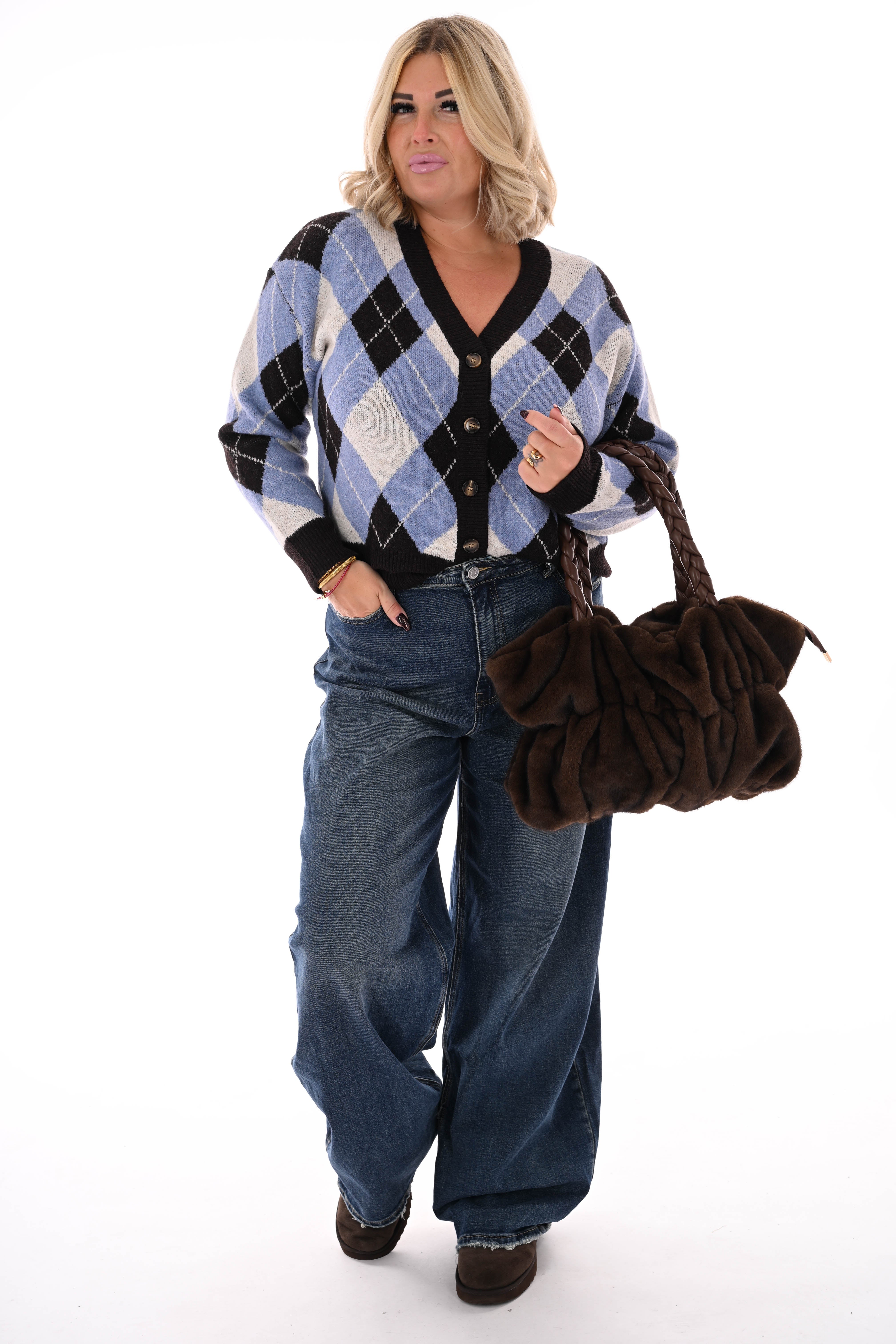 Vest ruitpatroon v-hals blauw