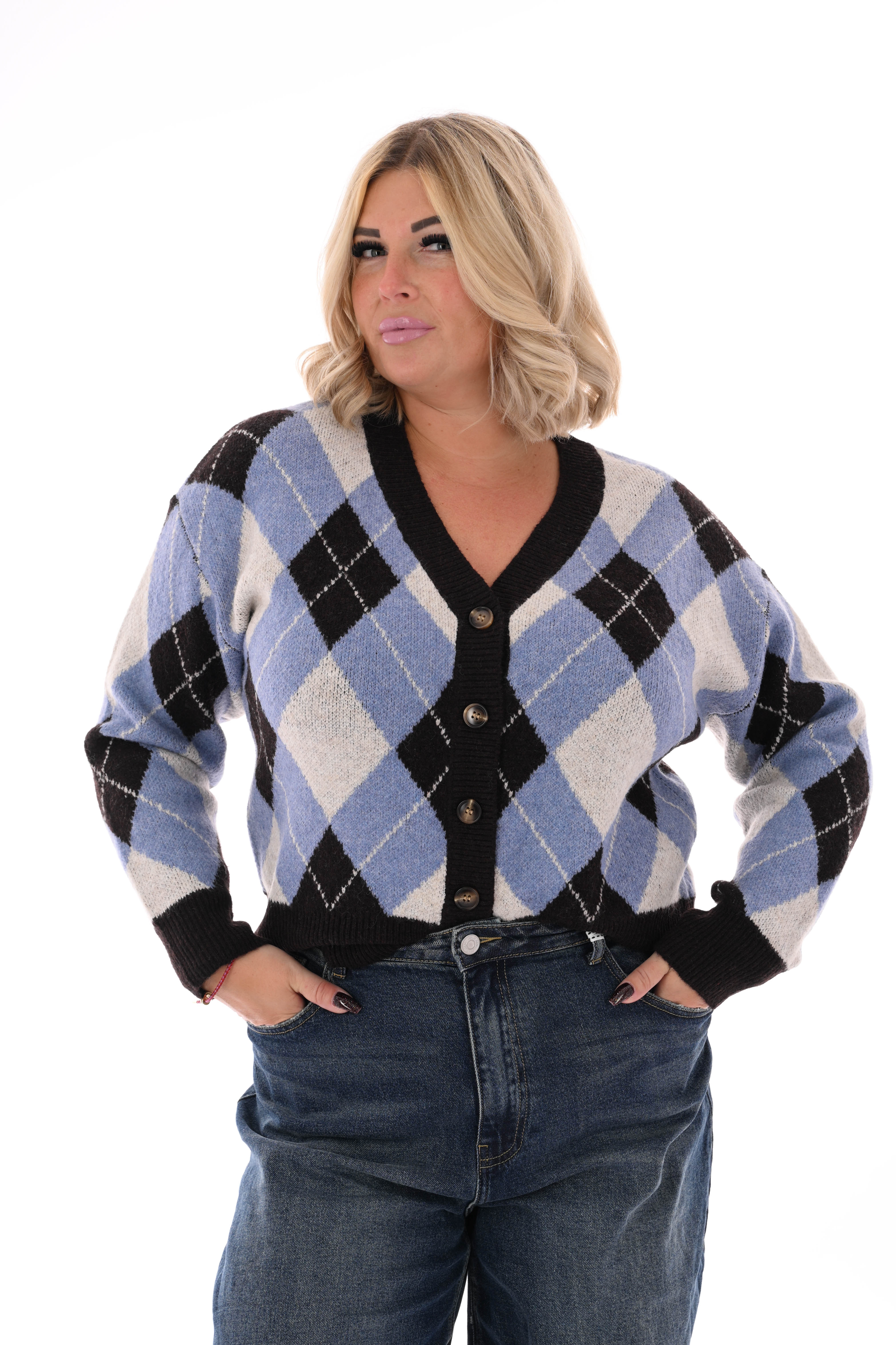 Vest ruitpatroon v-hals blauw