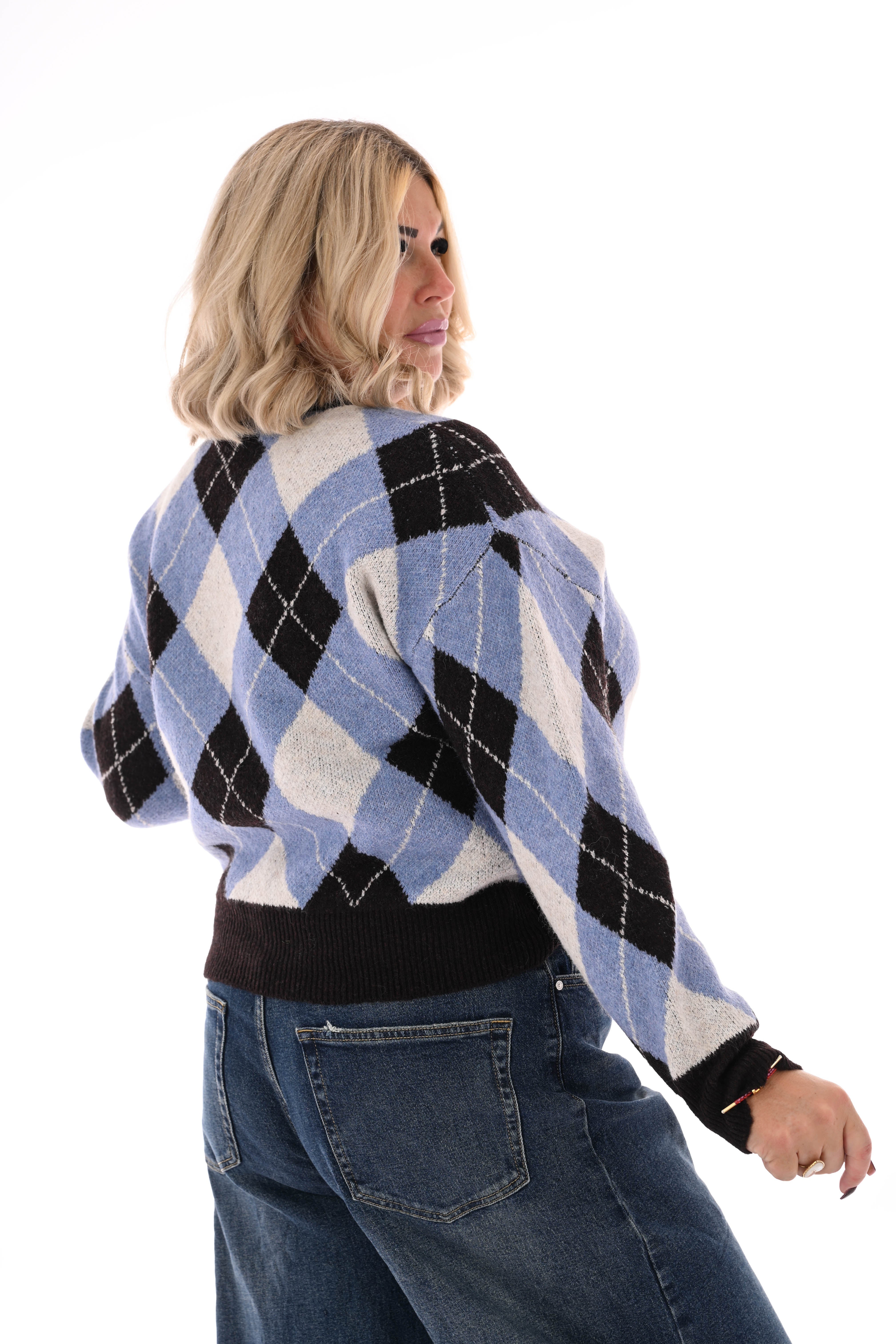 Vest ruitpatroon v-hals blauw