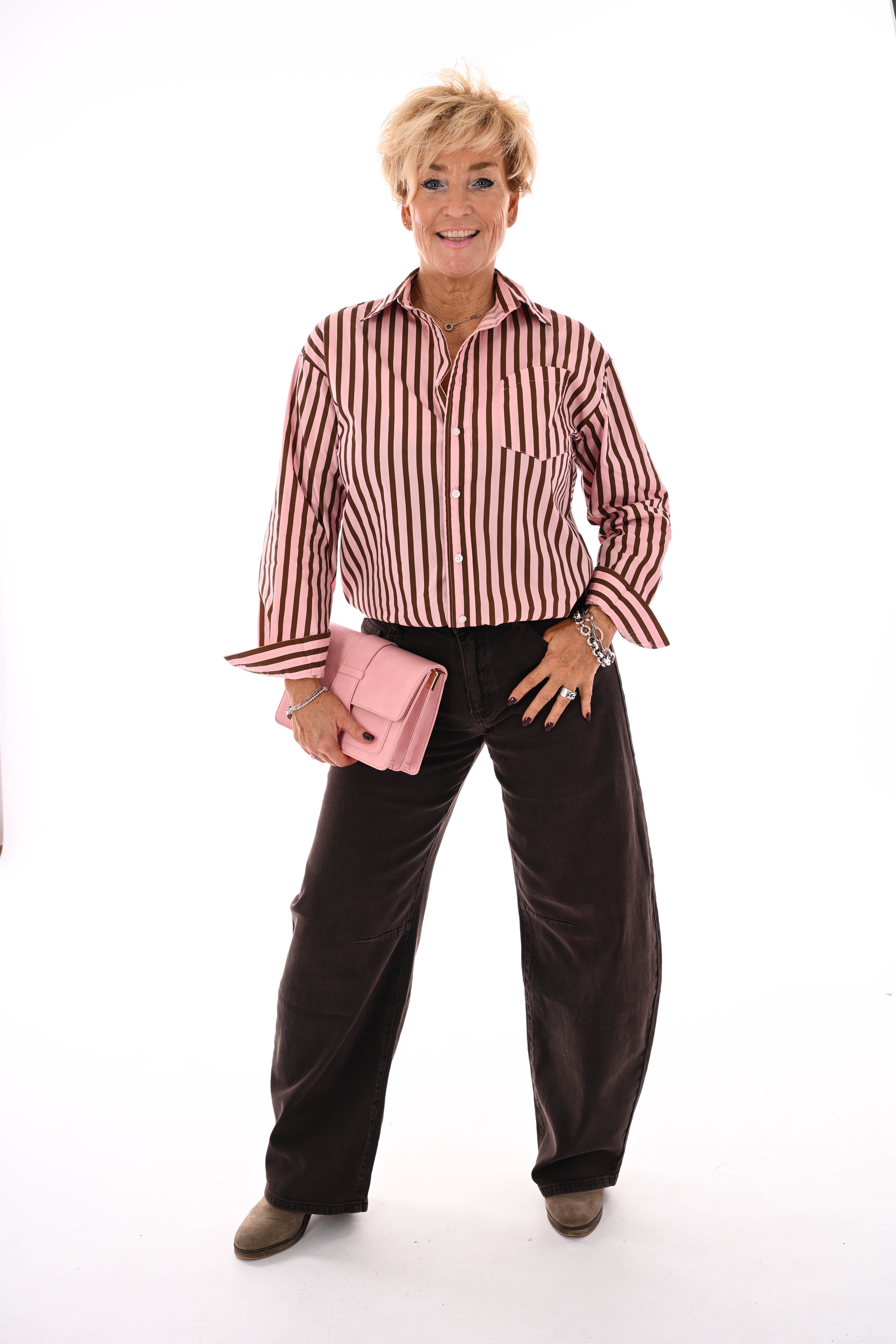 Gestreepte blouse doorknoop lichtroze