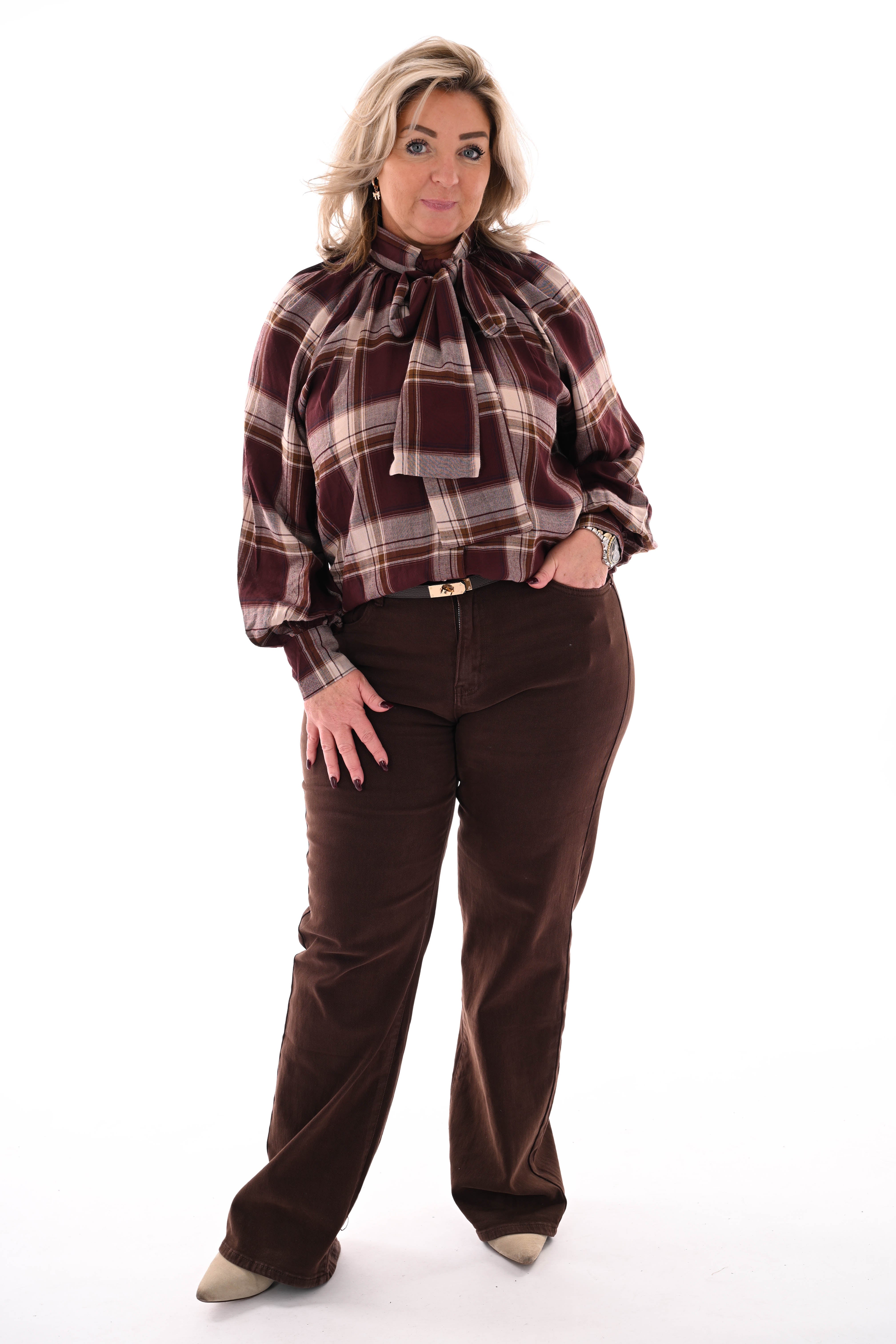 Blouse met strik houthakkers bruin/rood