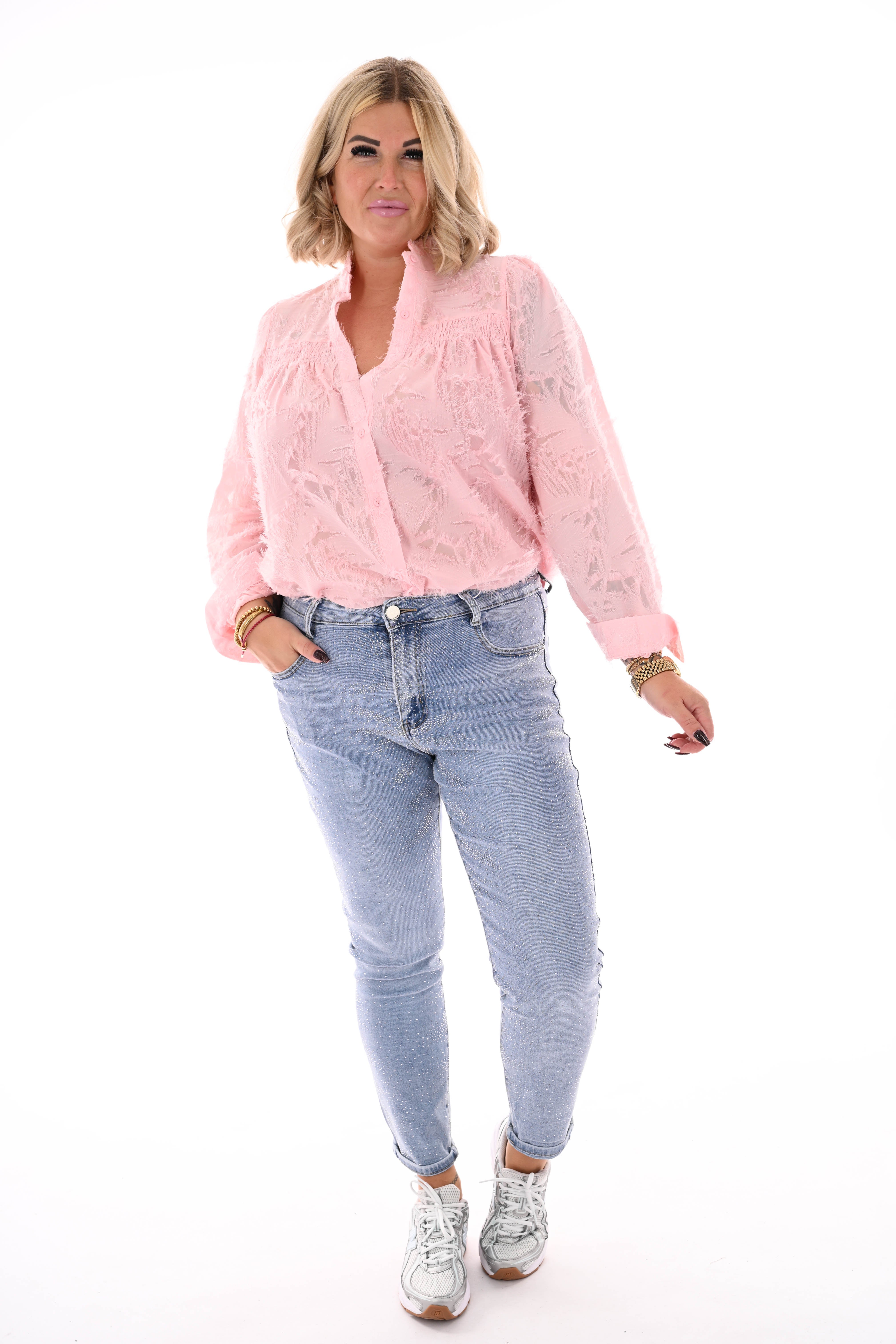 Doorknoop roezelkraag met ruffles lichtroze