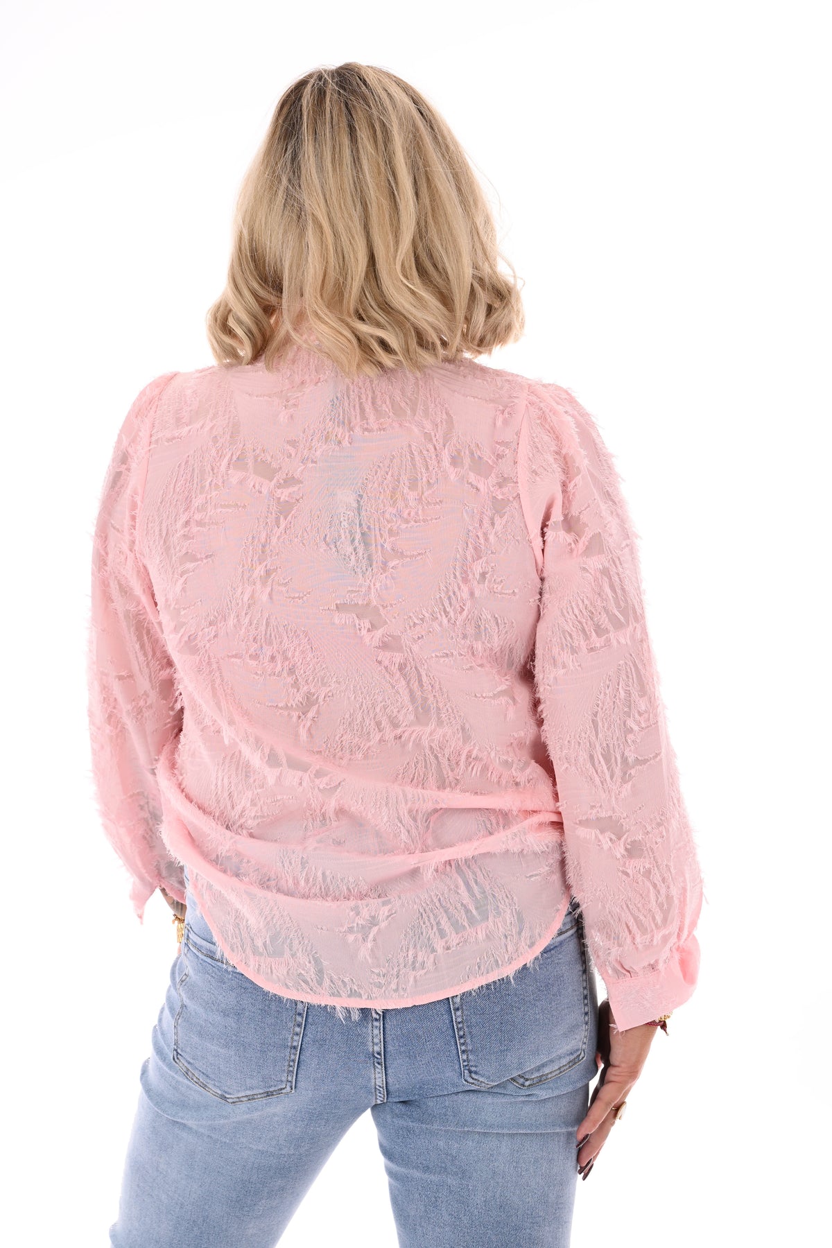 Doorknoop roezelkraag met ruffles lichtroze