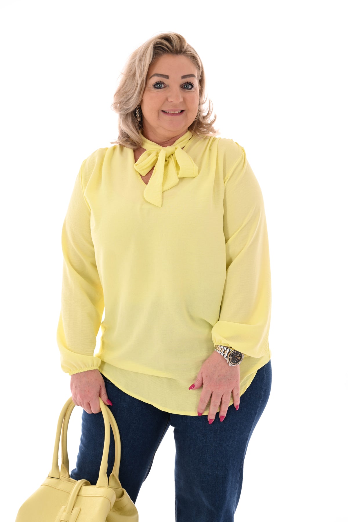 Top lange mouwen met strik lichtgeel