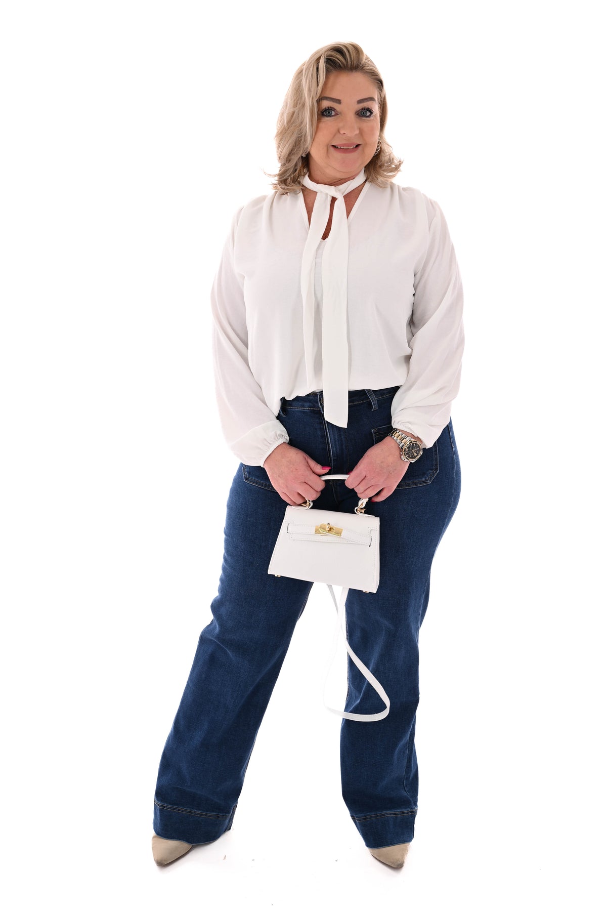 Top lange mouwen met strik roomwit