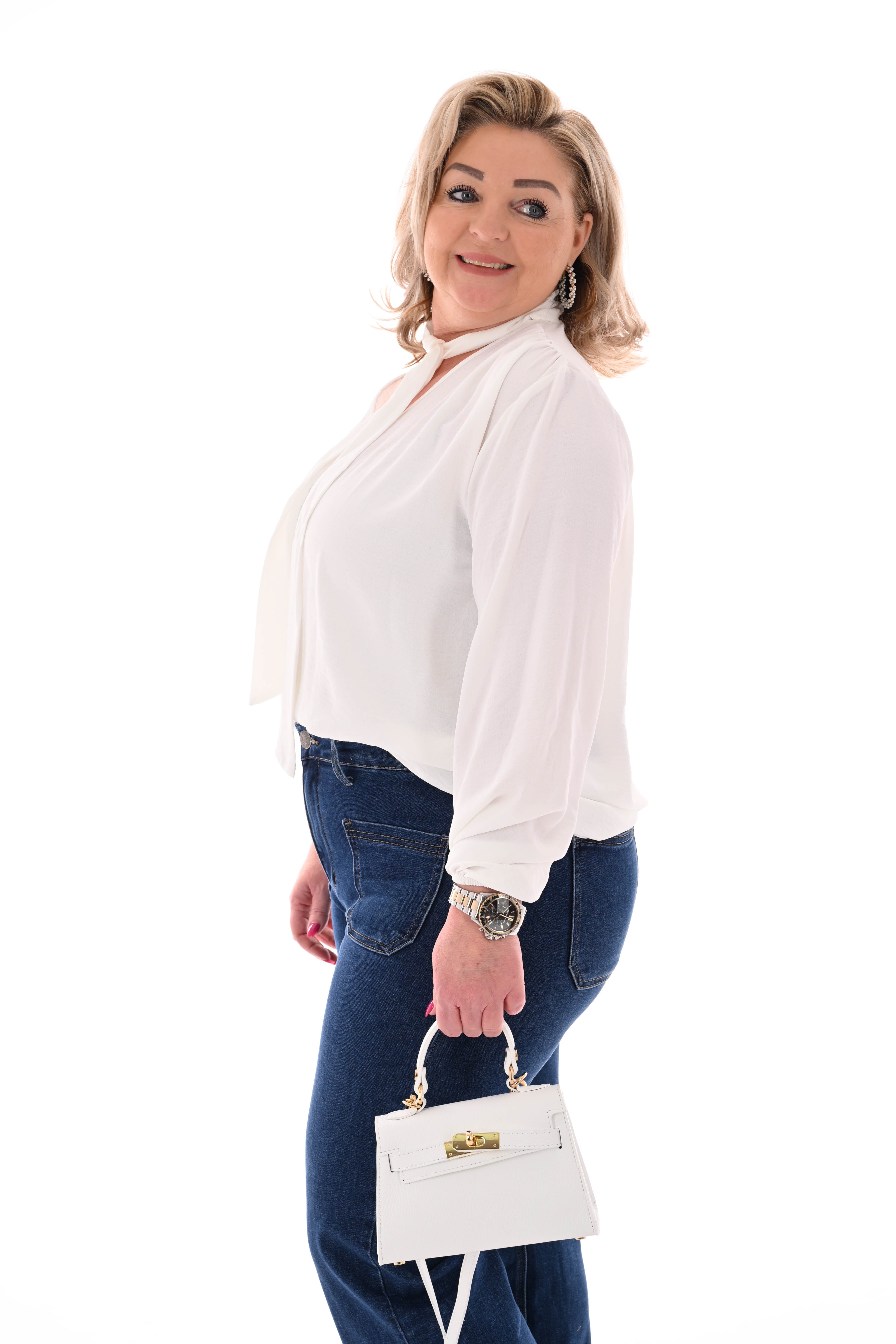 Top lange mouwen met strik roomwit