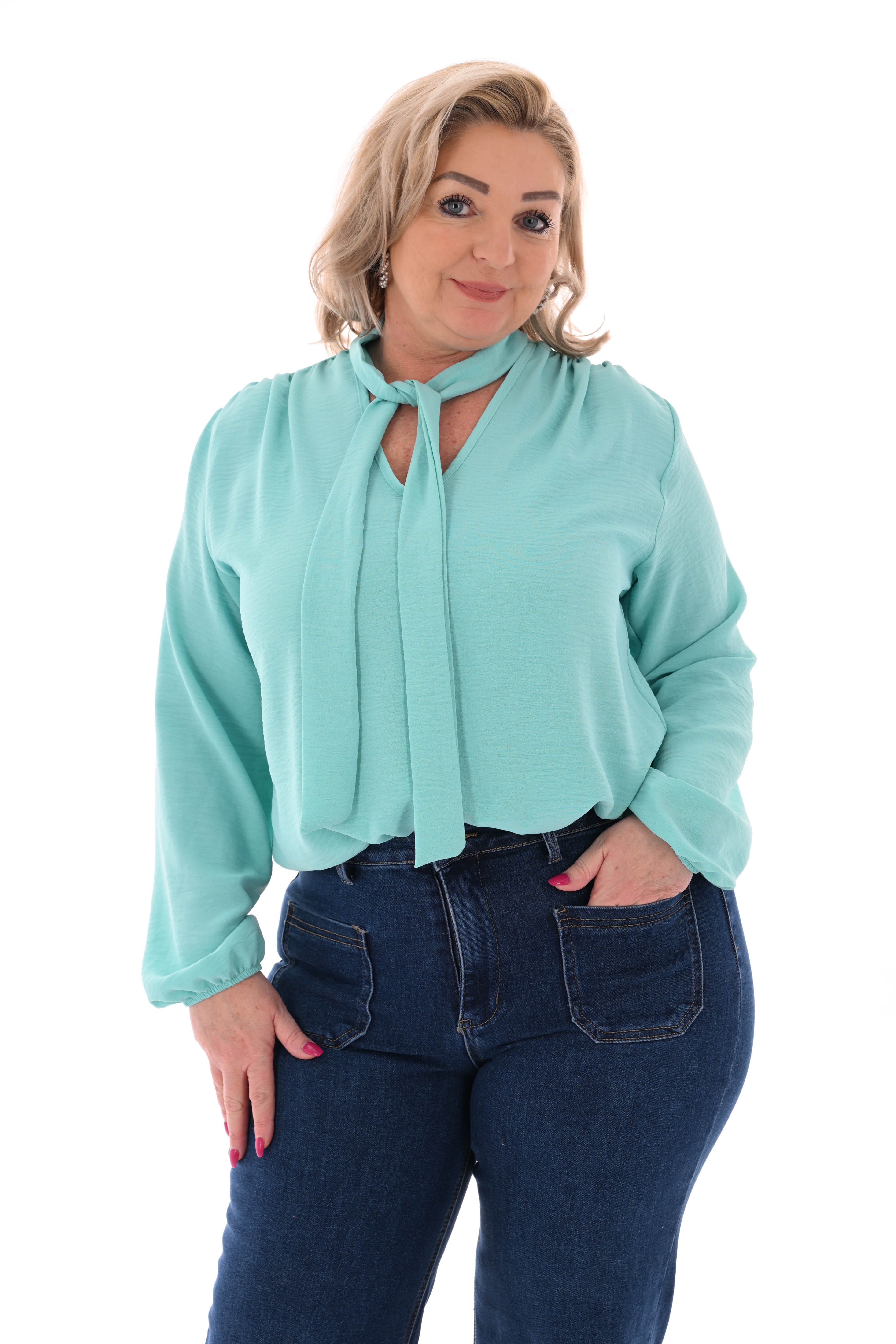 Top lange mouwen met strik turquoise