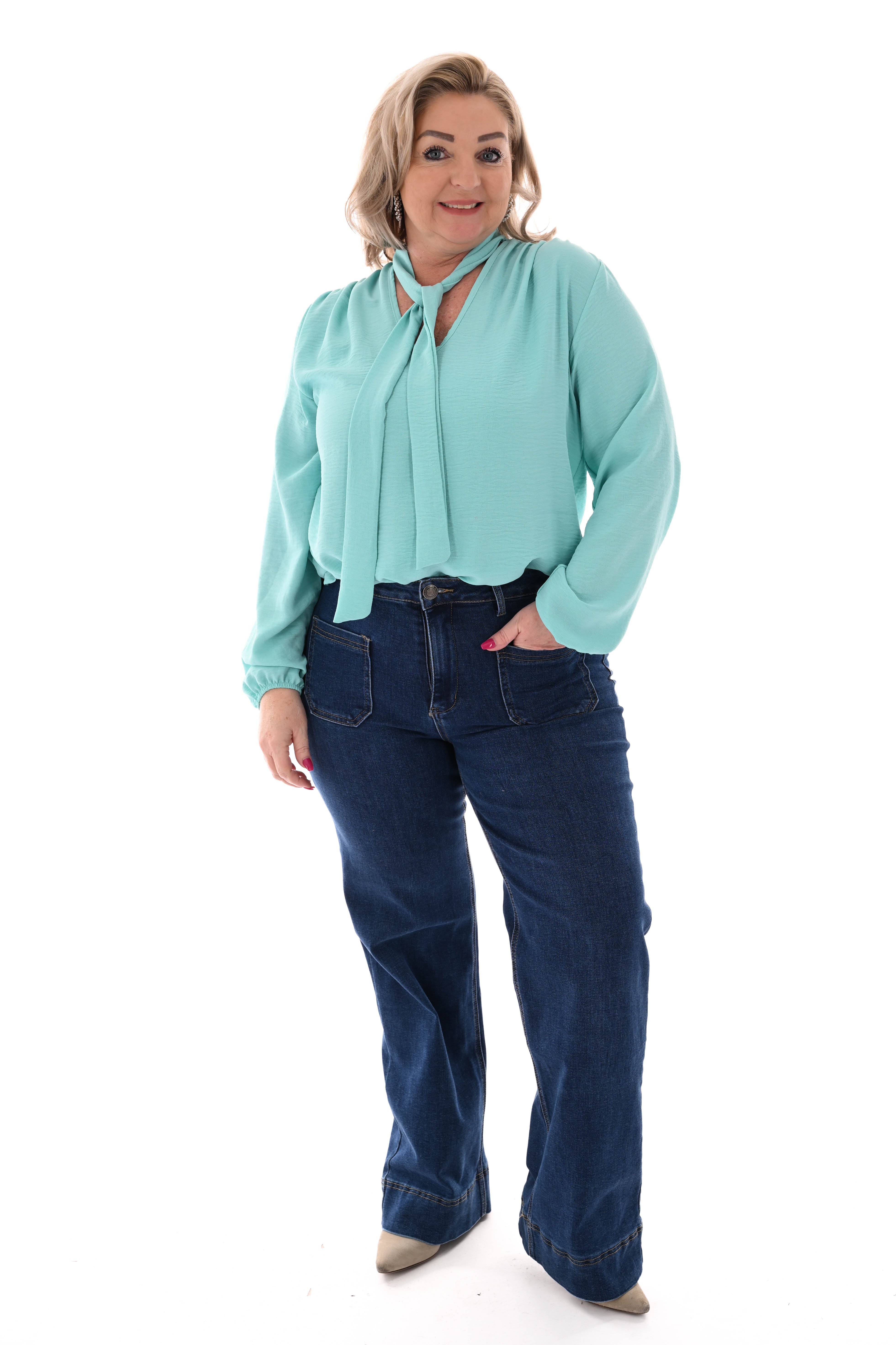 Top lange mouwen met strik turquoise