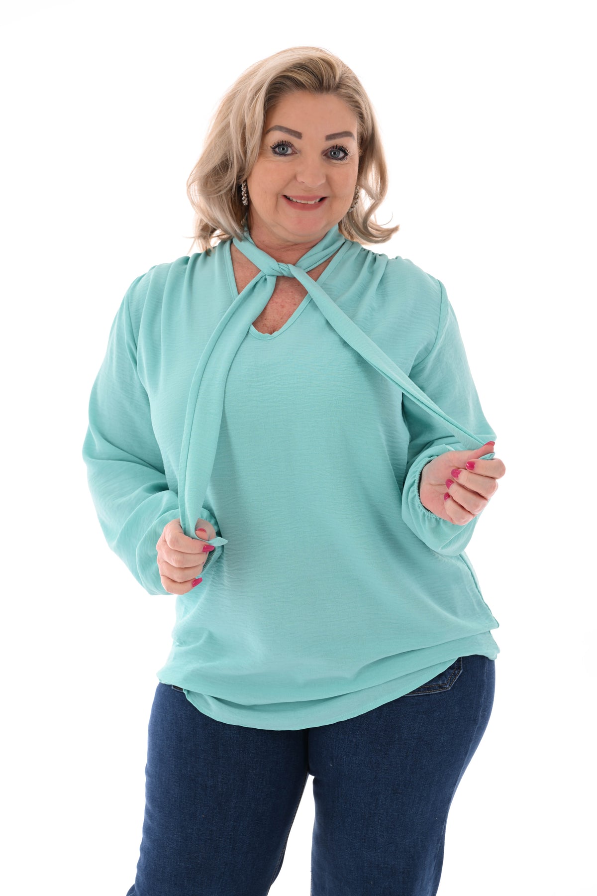 Top lange mouwen met strik turquoise