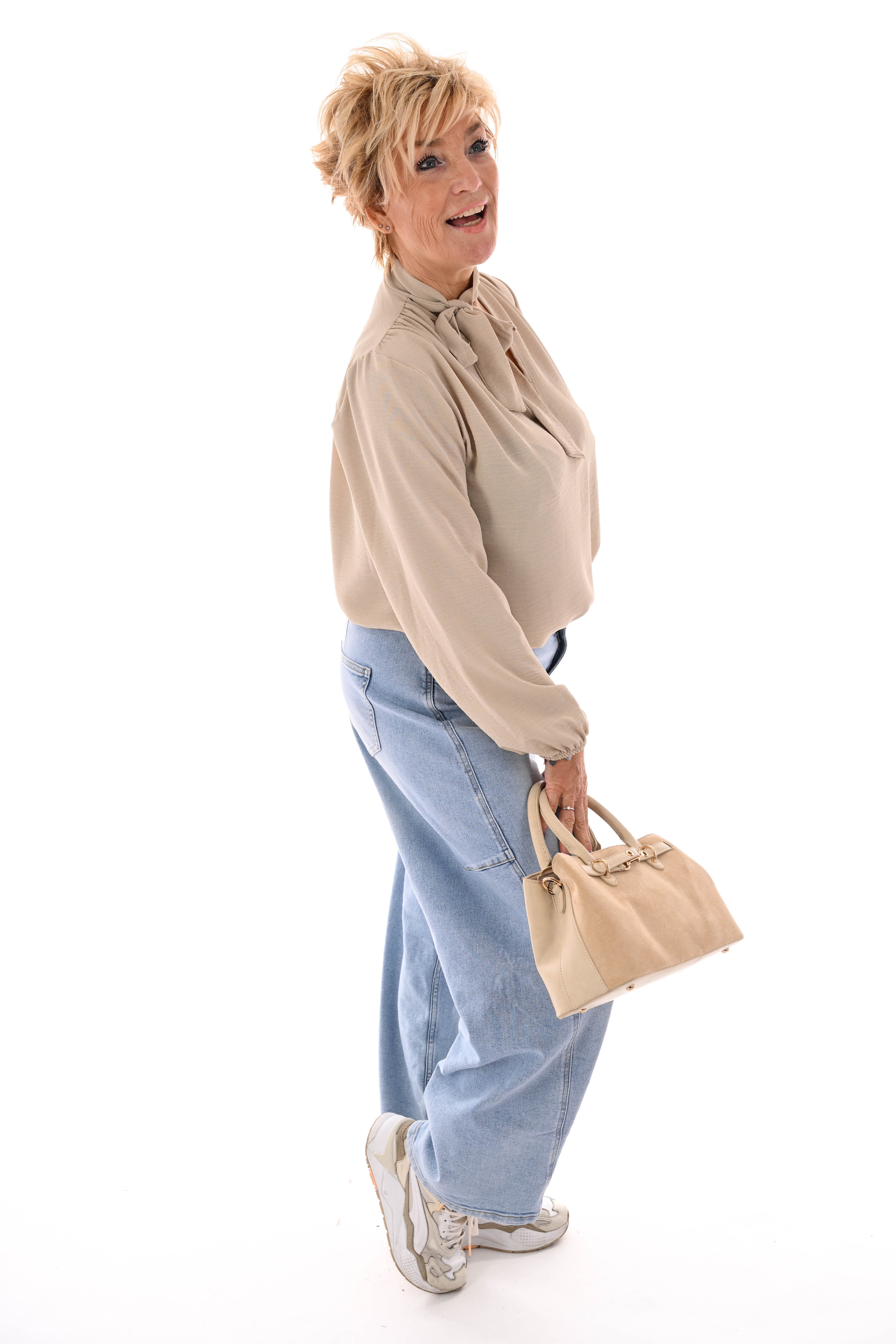 Top lange mouwen met strik beige