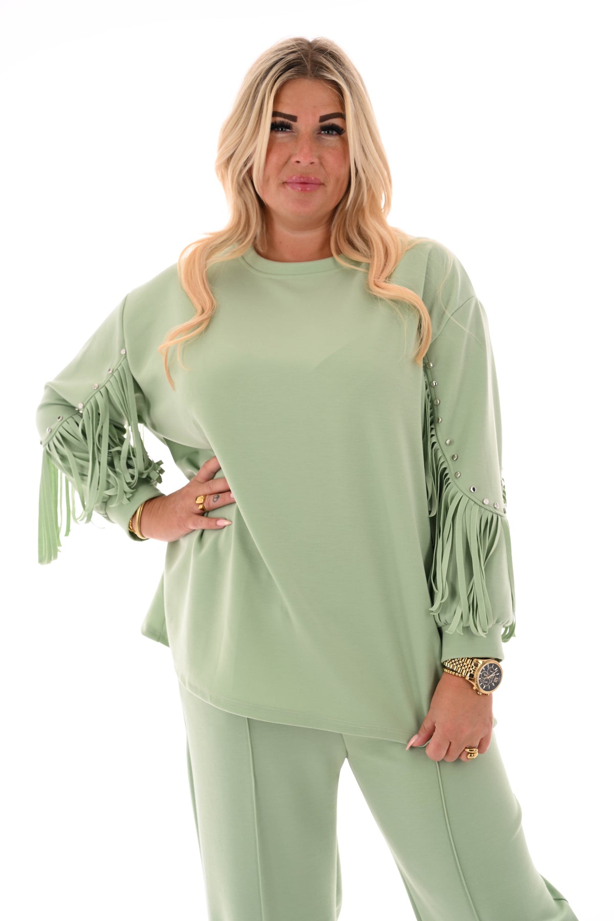 Wijde joggingsbroek met naad uni lindegroen