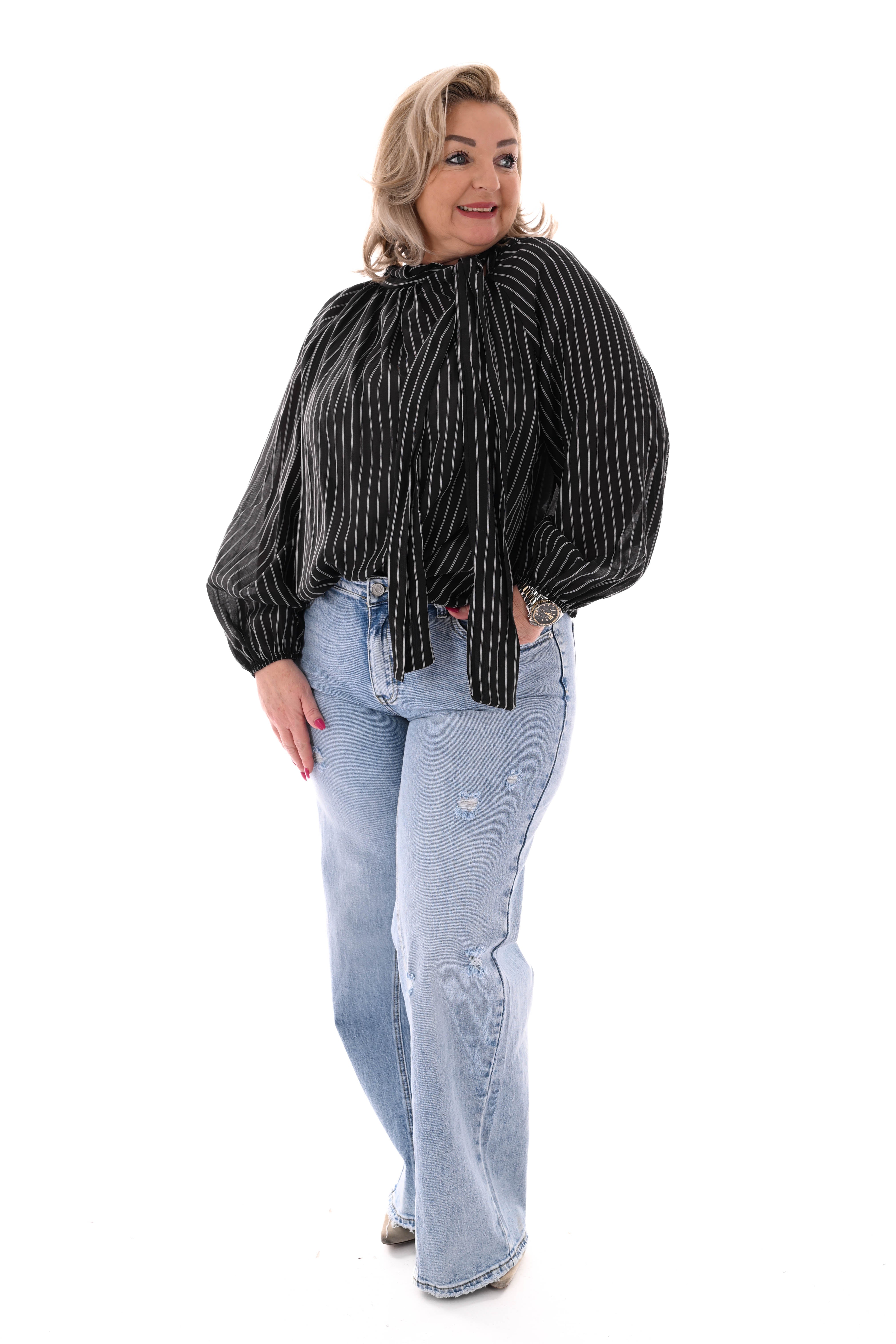 Blouse fijne streepjes met strik zwart