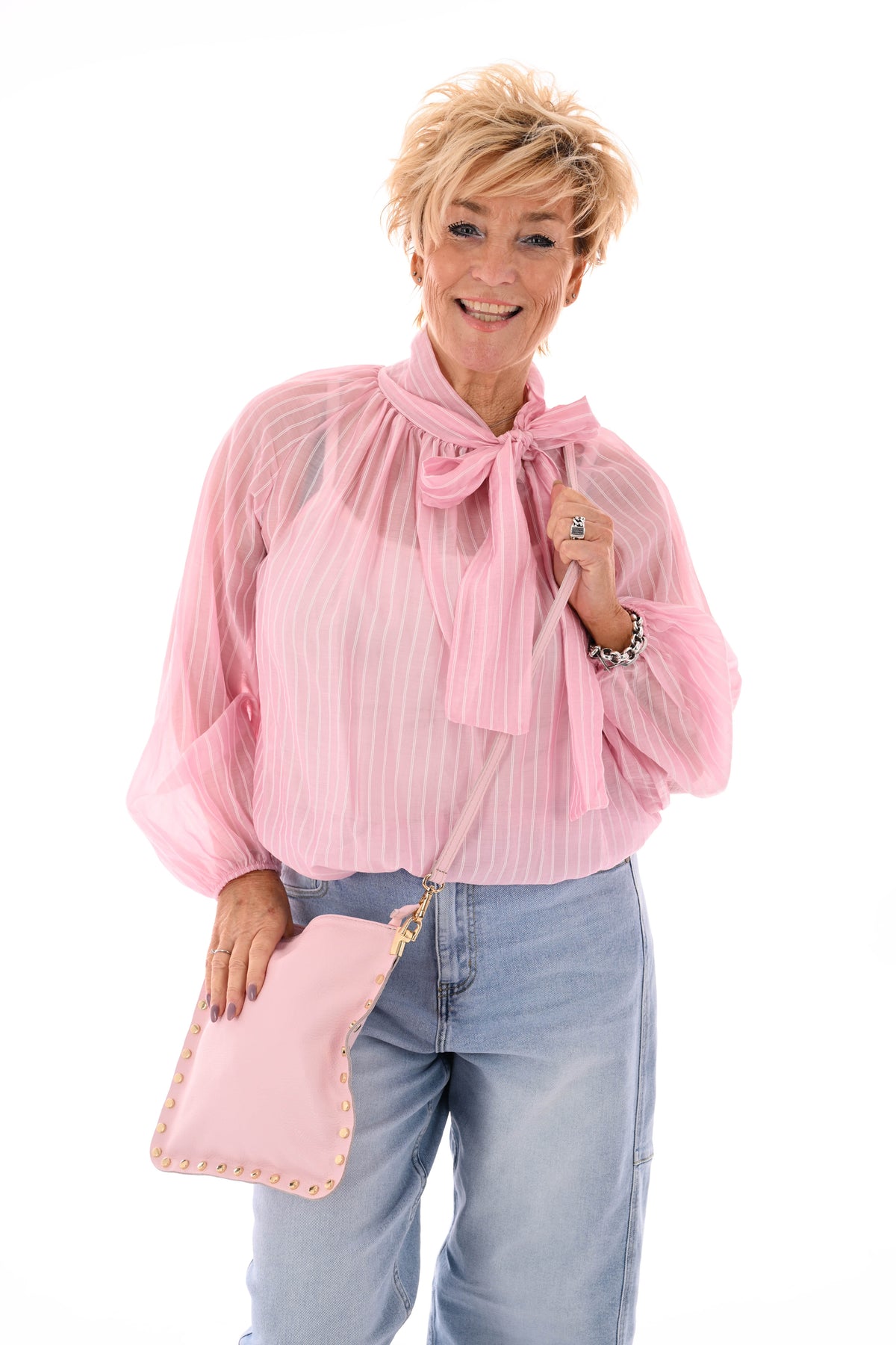 Blouse fijne streepjes met strik lichtroze