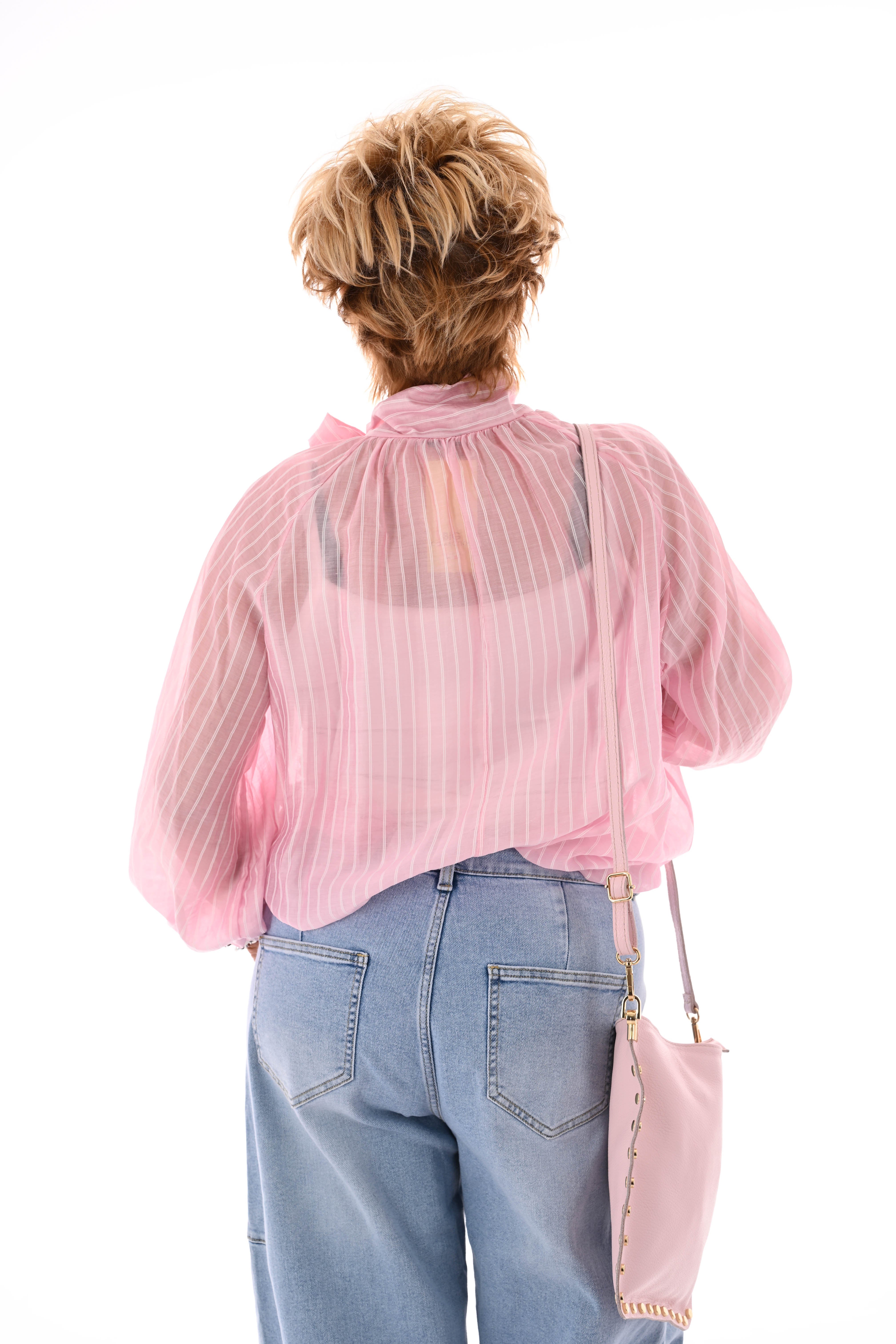 Blouse fijne streepjes met strik lichtroze