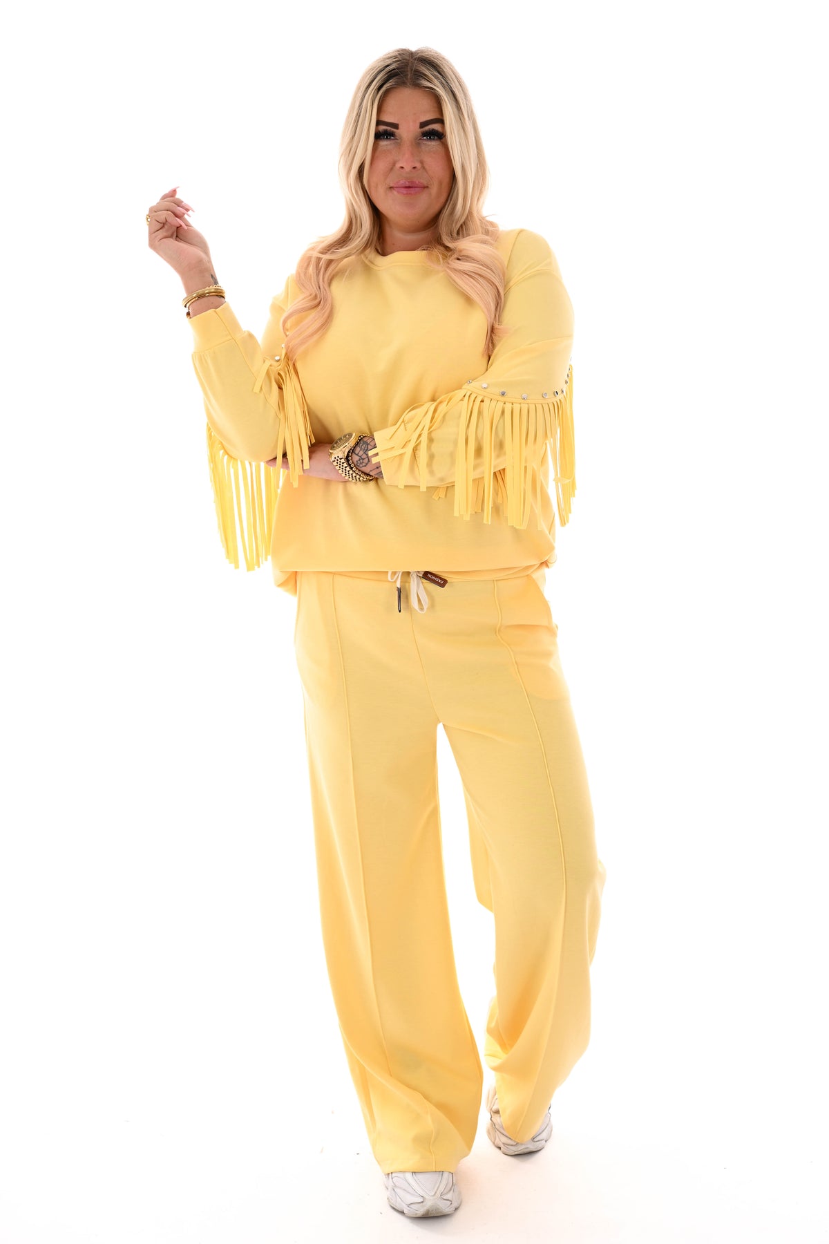 Sweater franjes en studs uni geel