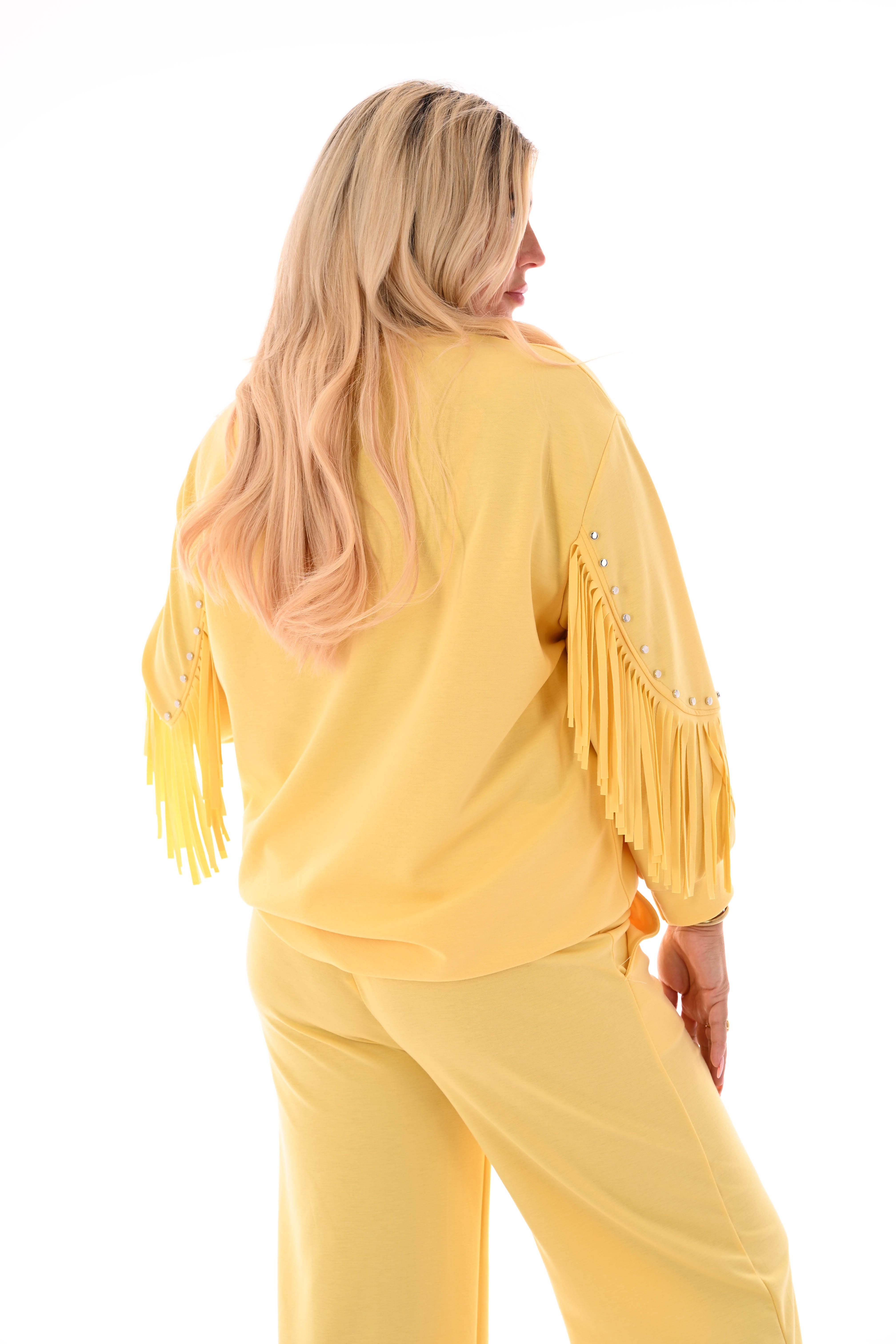 Sweater franjes en studs uni geel