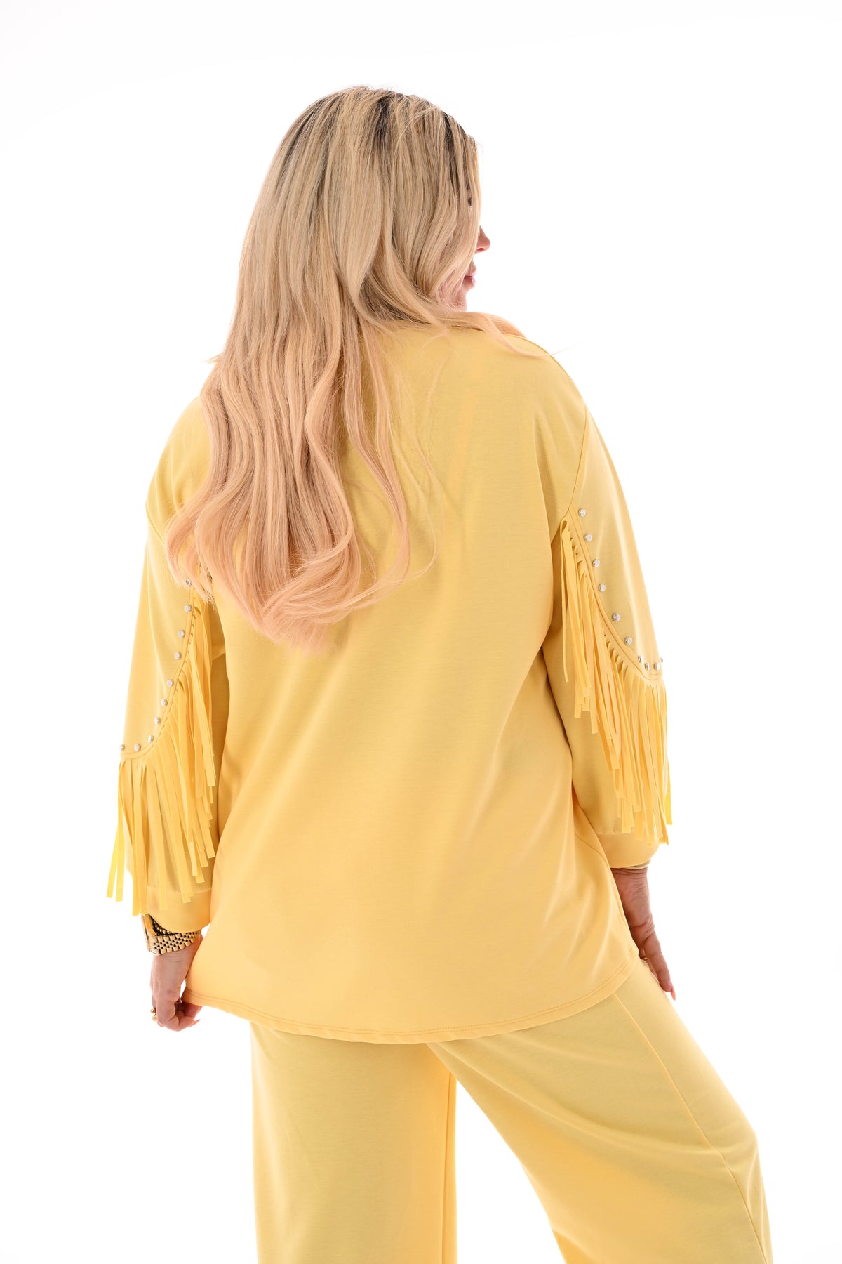 Sweater franjes en studs uni geel