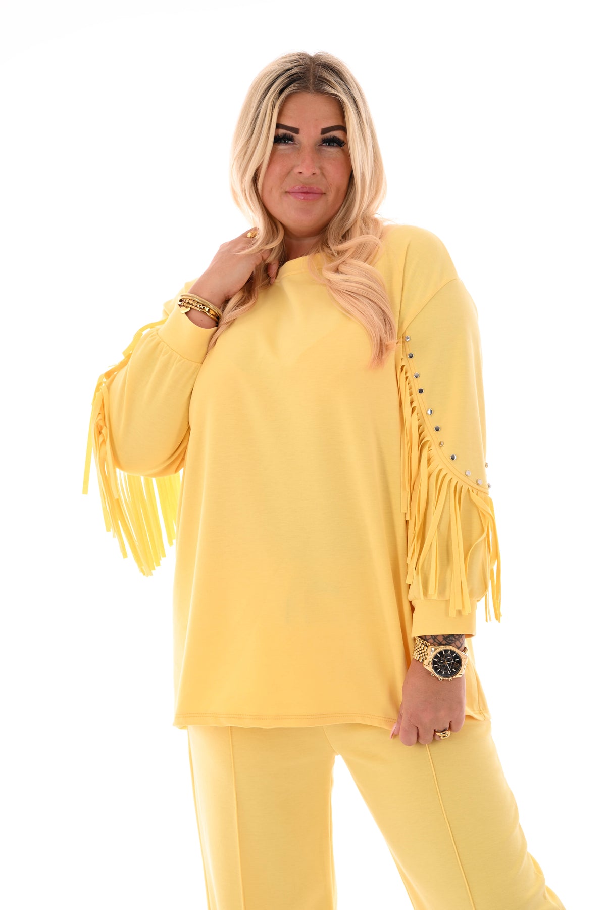 Sweater franjes en studs uni geel