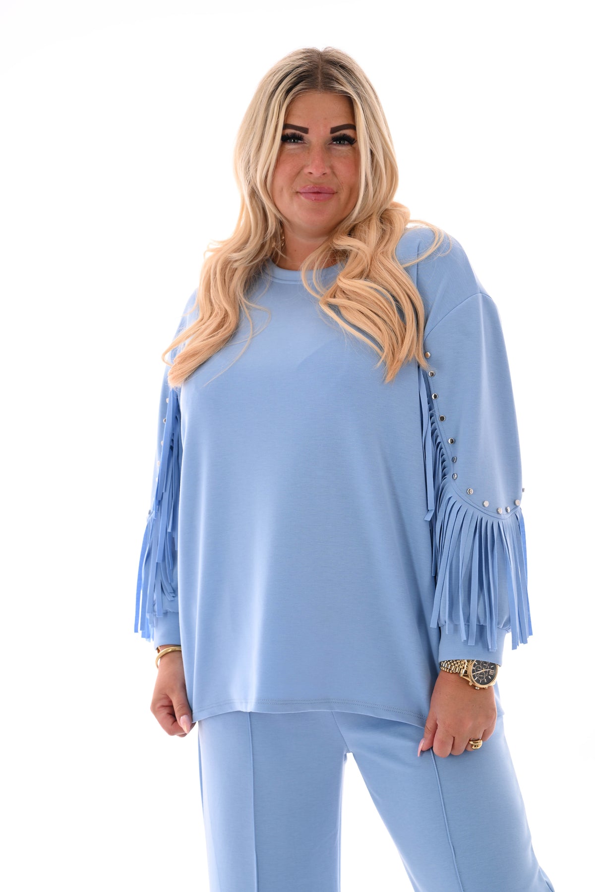 Sweater franjes en studs uni lichtblauw